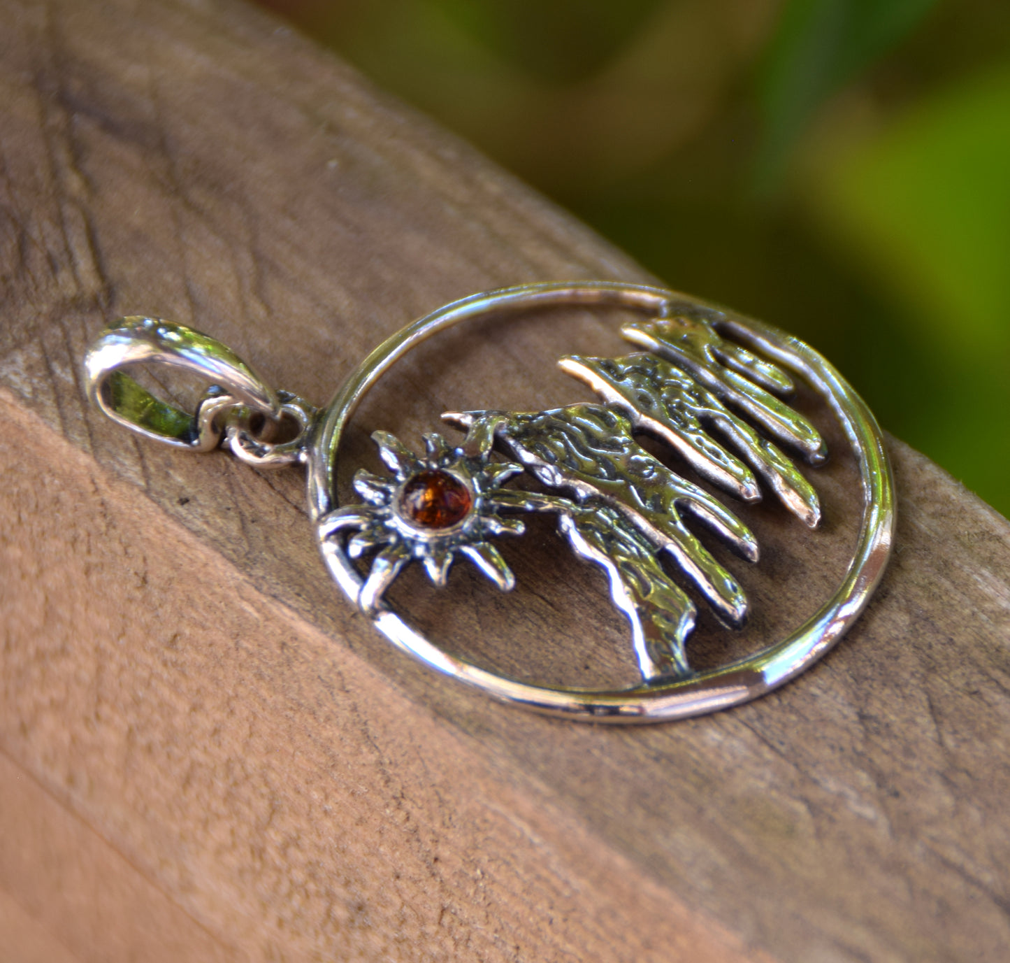 Cognac Amber and Sterling Silver Mountain Landscape Pendant, MJ Baltica, BW333