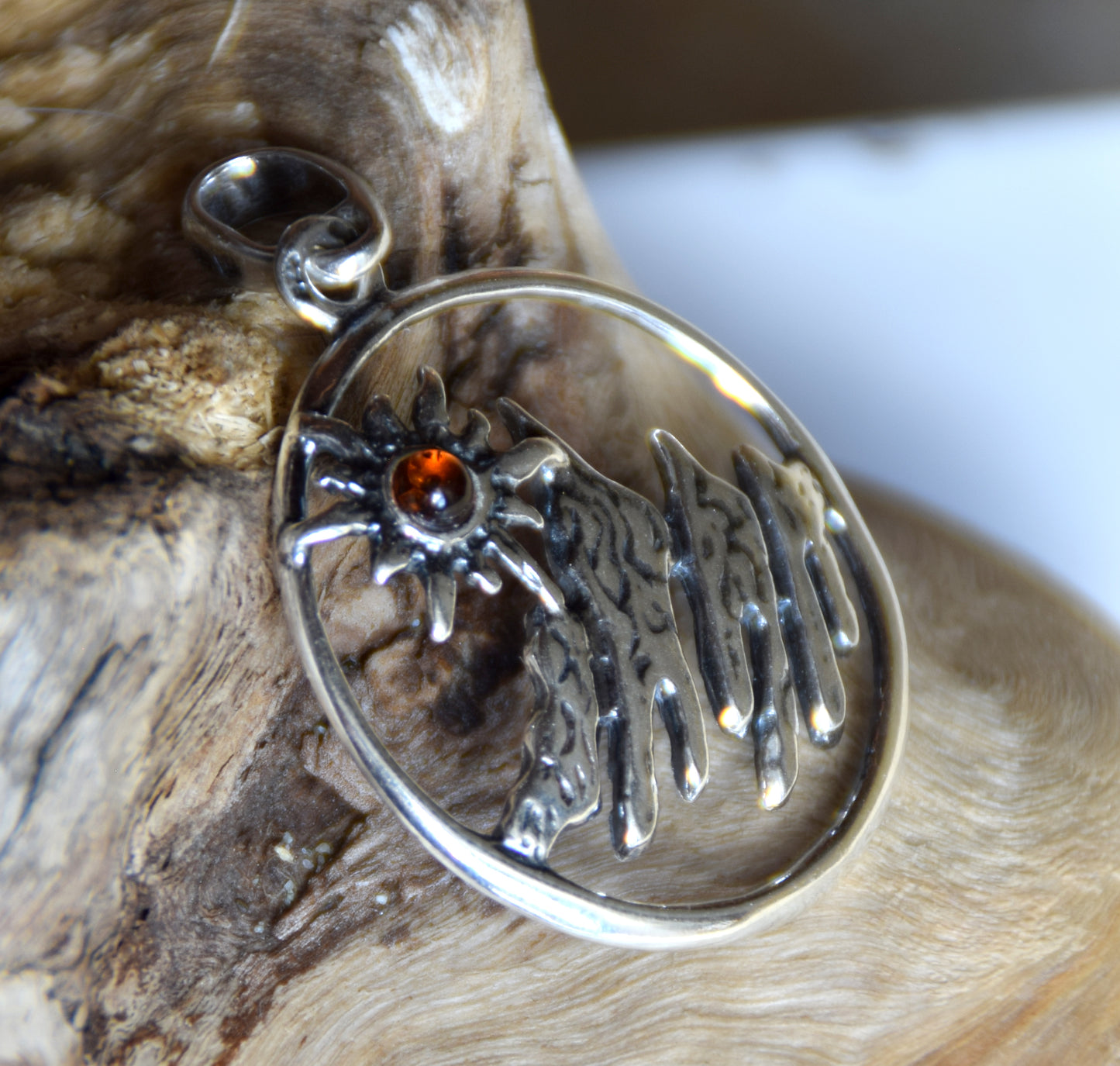 Cognac Amber and Sterling Silver Mountain Landscape Pendant, MJ Baltica, BW333