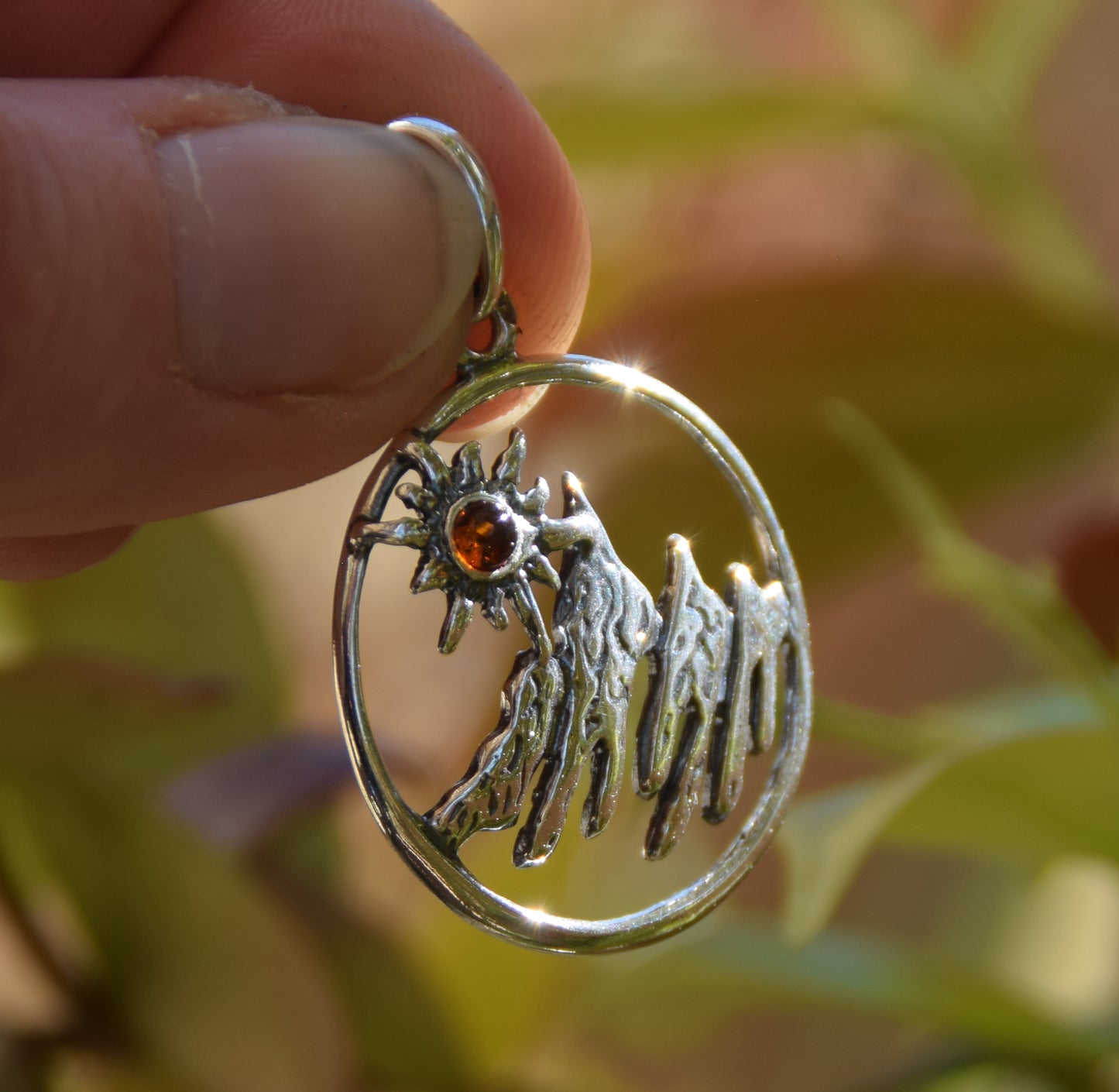 Cognac Amber and Sterling Silver Mountain Landscape Pendant, MJ Baltica, BW333