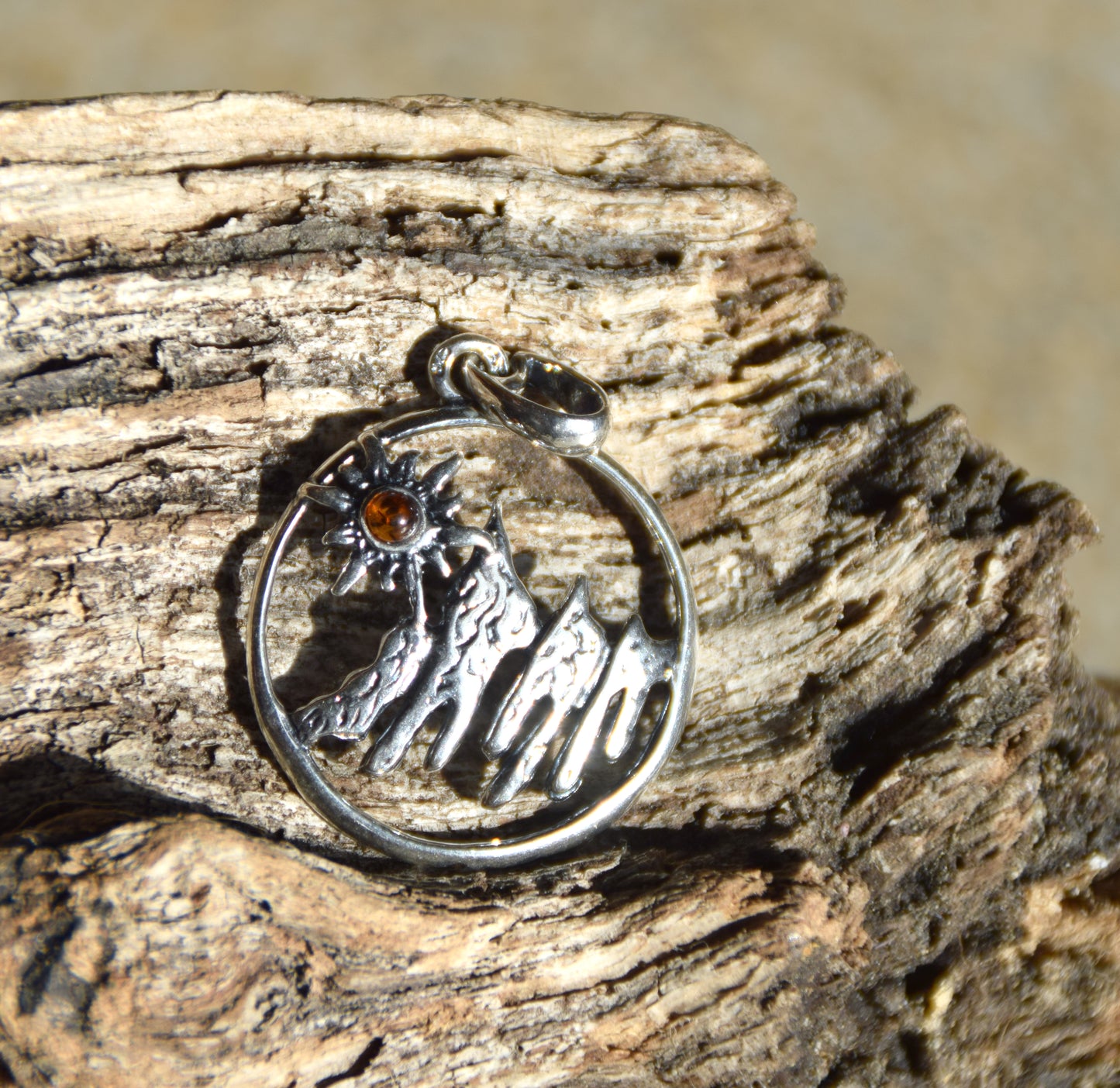 Cognac Amber and Sterling Silver Mountain Landscape Pendant, MJ Baltica, BW333