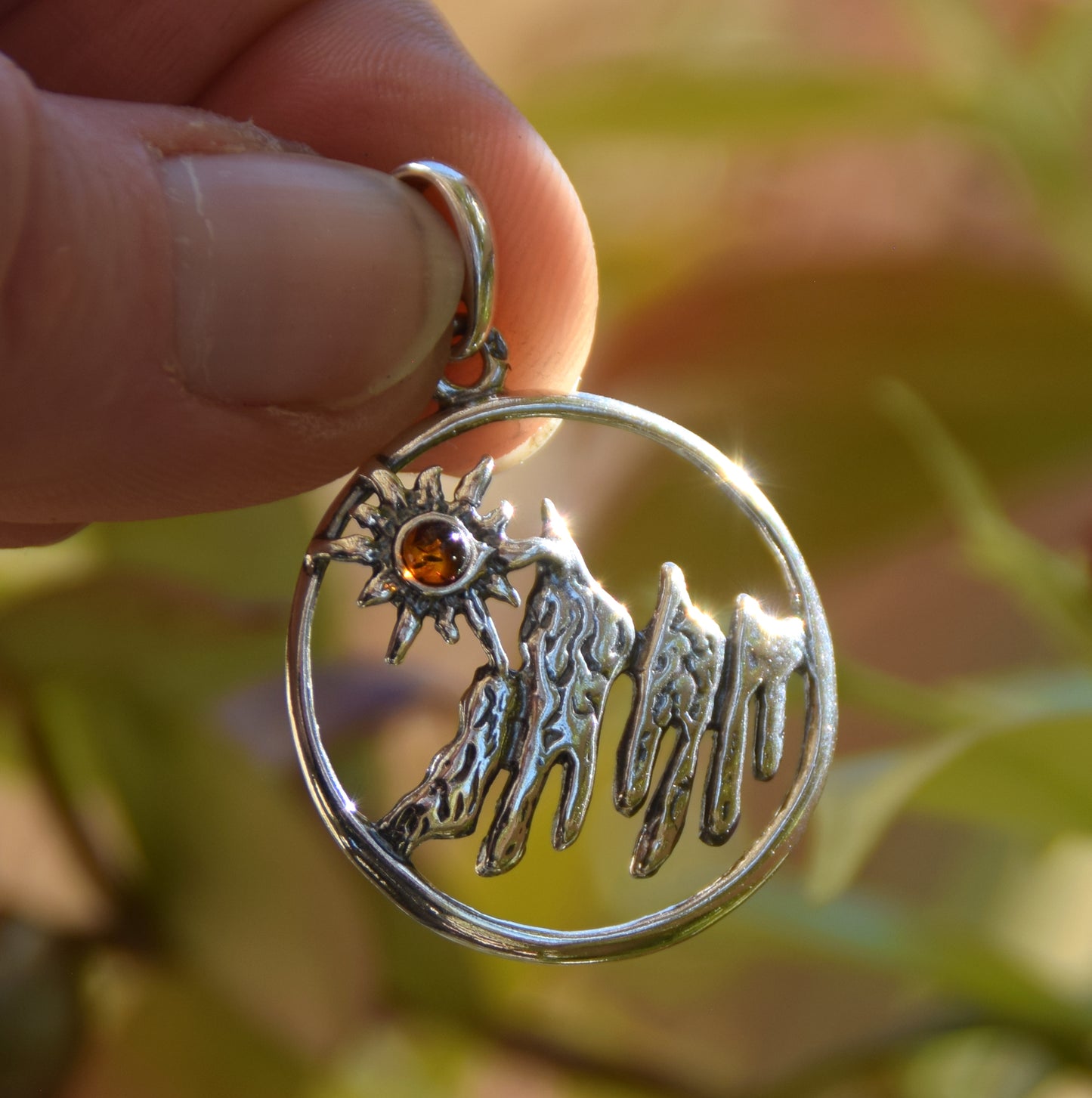 Cognac Amber and Sterling Silver Mountain Landscape Pendant, MJ Baltica, BW333