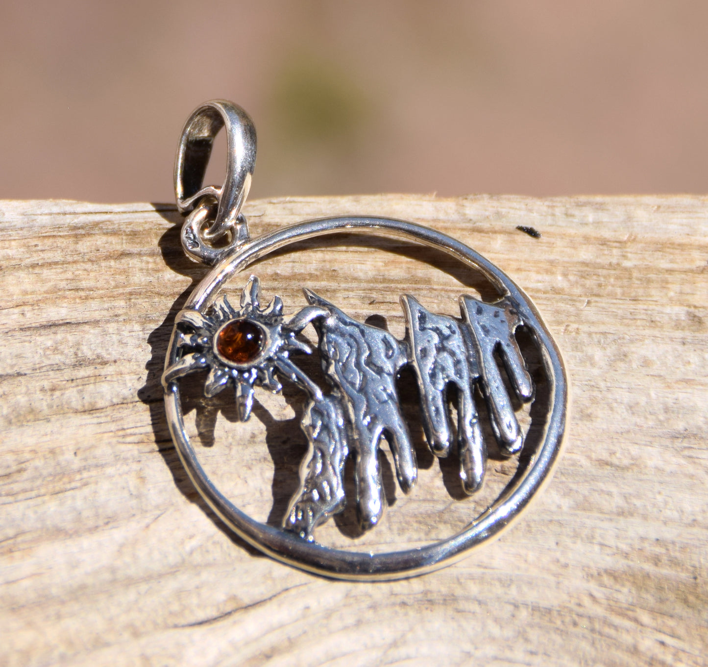 Cognac Amber and Sterling Silver Mountain Landscape Pendant, MJ Baltica, BW333