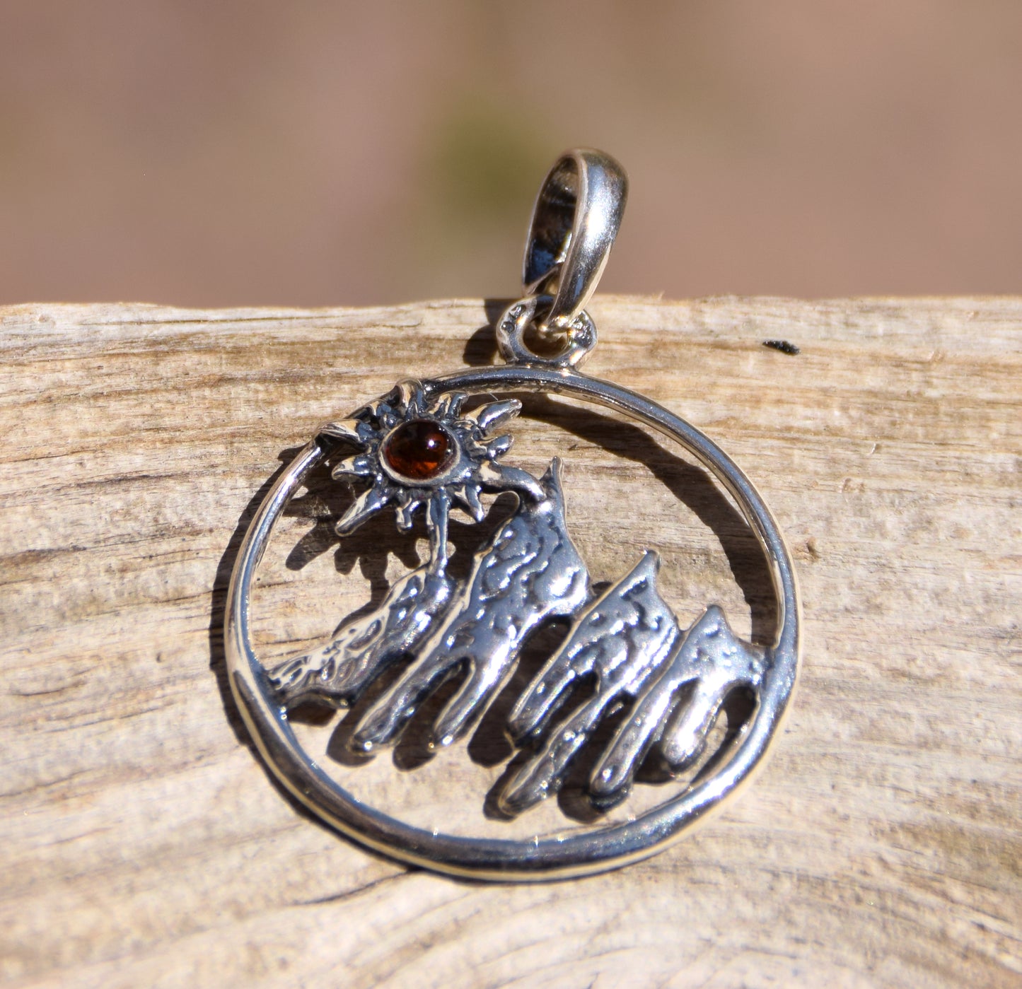 Cognac Amber and Sterling Silver Mountain Landscape Pendant, MJ Baltica, BW333