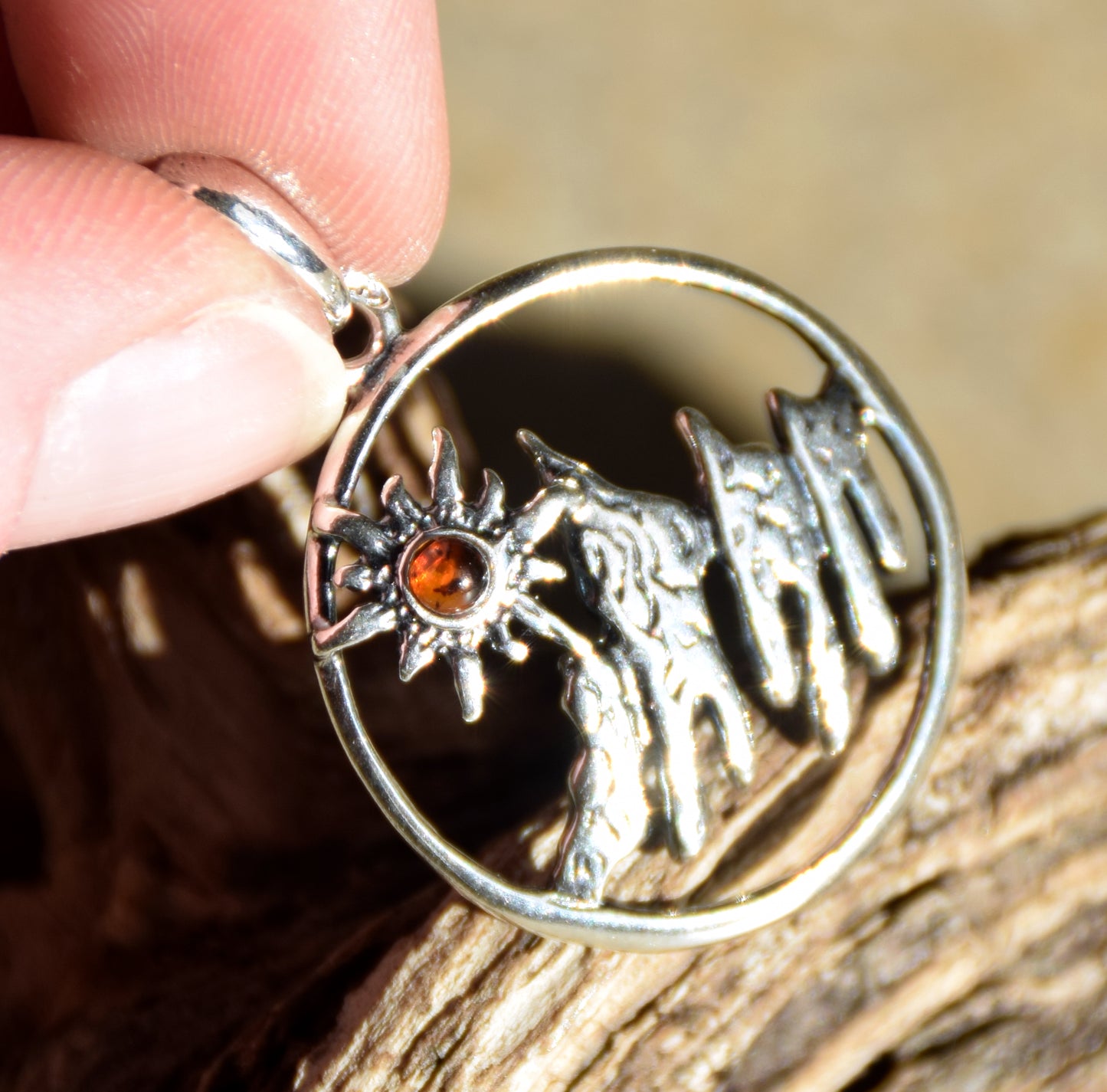 Cognac Amber and Sterling Silver Mountain Landscape Pendant, MJ Baltica, BW333