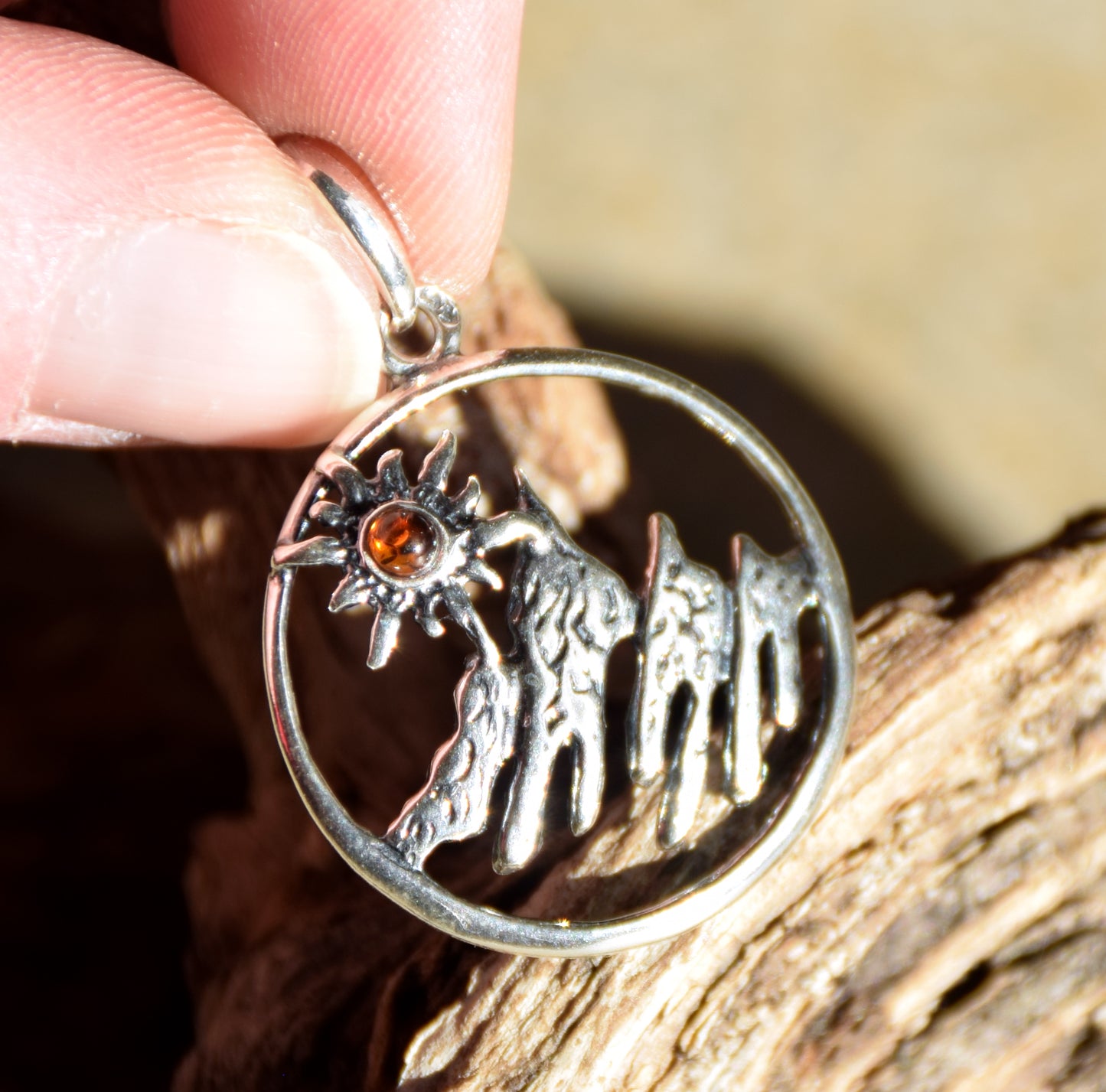 Cognac Amber and Sterling Silver Mountain Landscape Pendant, MJ Baltica, BW333
