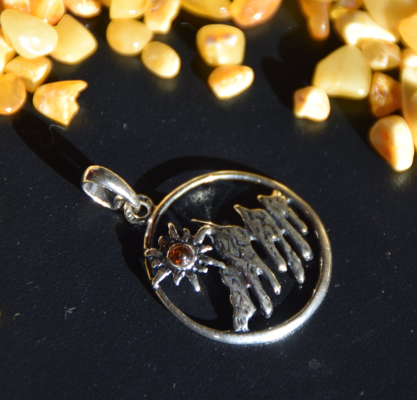 Cognac Amber and Sterling Silver Mountain Landscape Pendant, MJ Baltica, BW333