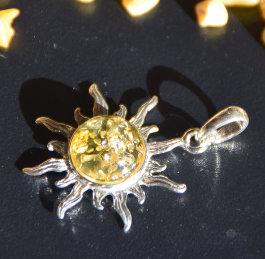 Bright pendant with golden natural Amber sun and 925 Silver, MJ Baltica, BW341