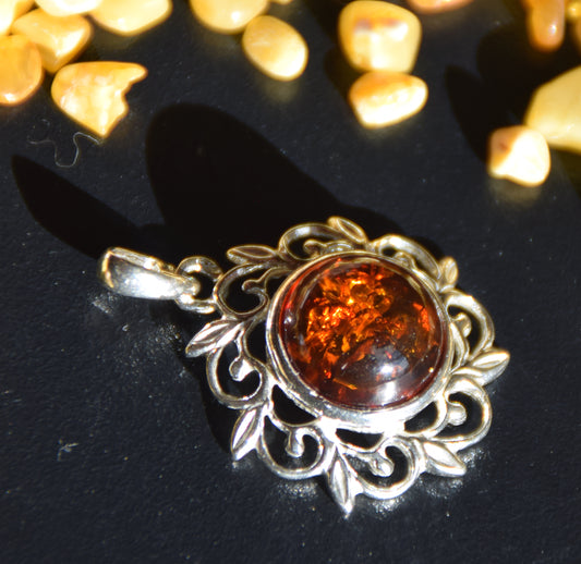 Elegant Victorian Cognac Amber and 925 Sterling Silver Pendant, MJ Baltica, BW343