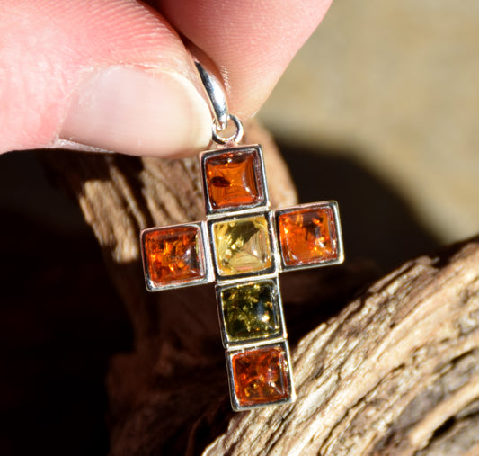 Geometric cross pendant with natural Amber of various shades and 925 Sterling Silver, MJ Baltica, BW344
