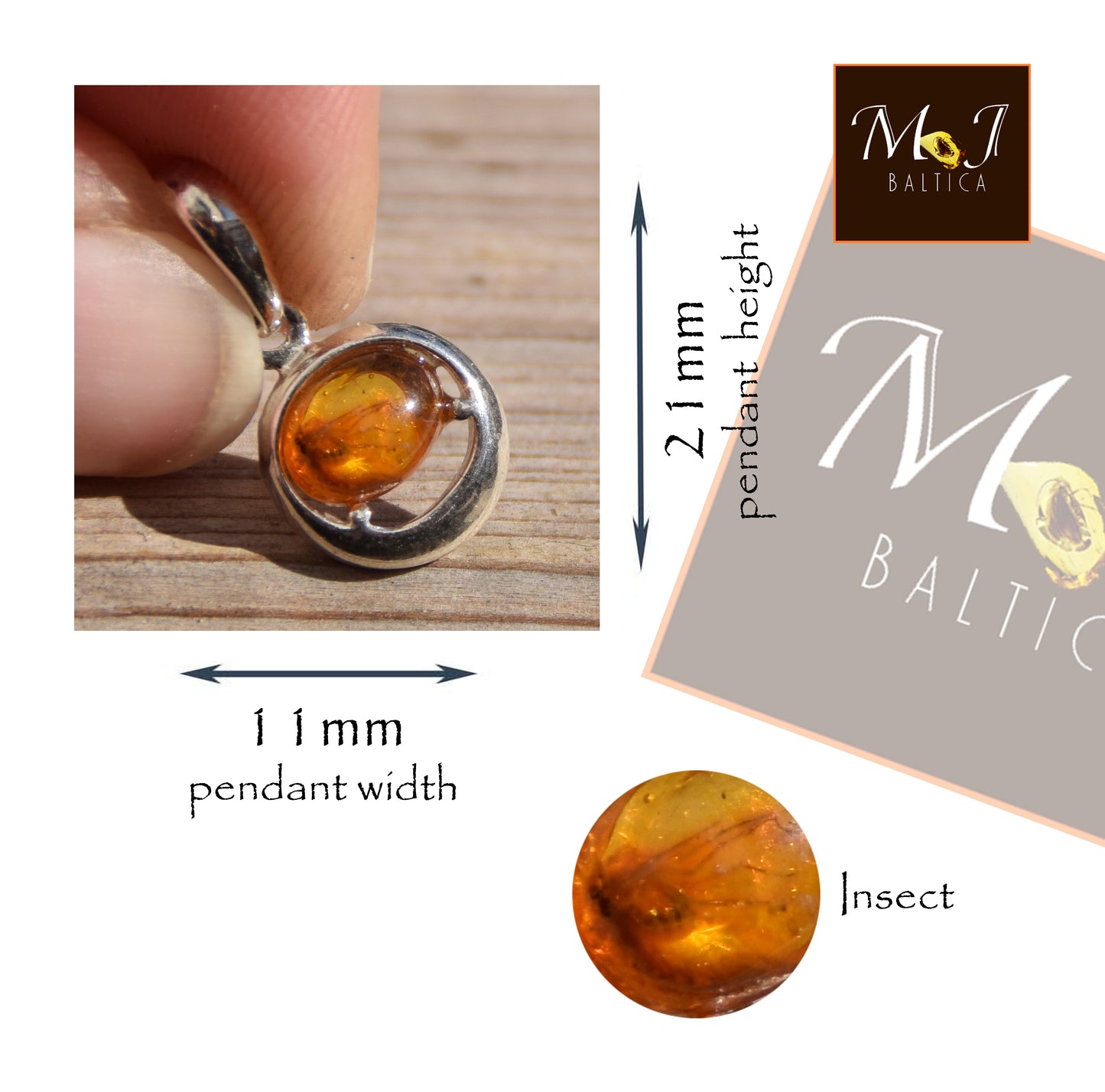 Ciondolo con la gemma di Ambra baltica Naturale con le inclusioni fossili da collezione, MJ Baltica, BW349