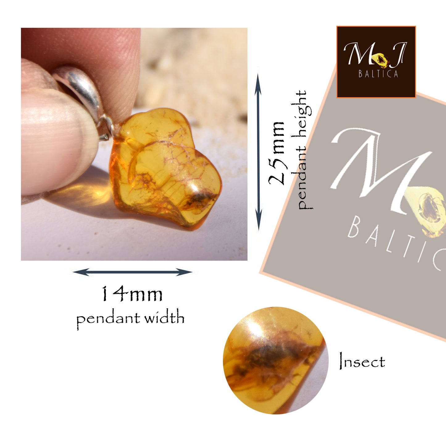 Ciondolo con la gemma di Ambra baltica Naturale con le inclusioni fossili da collezione, MJ Baltica, BW351