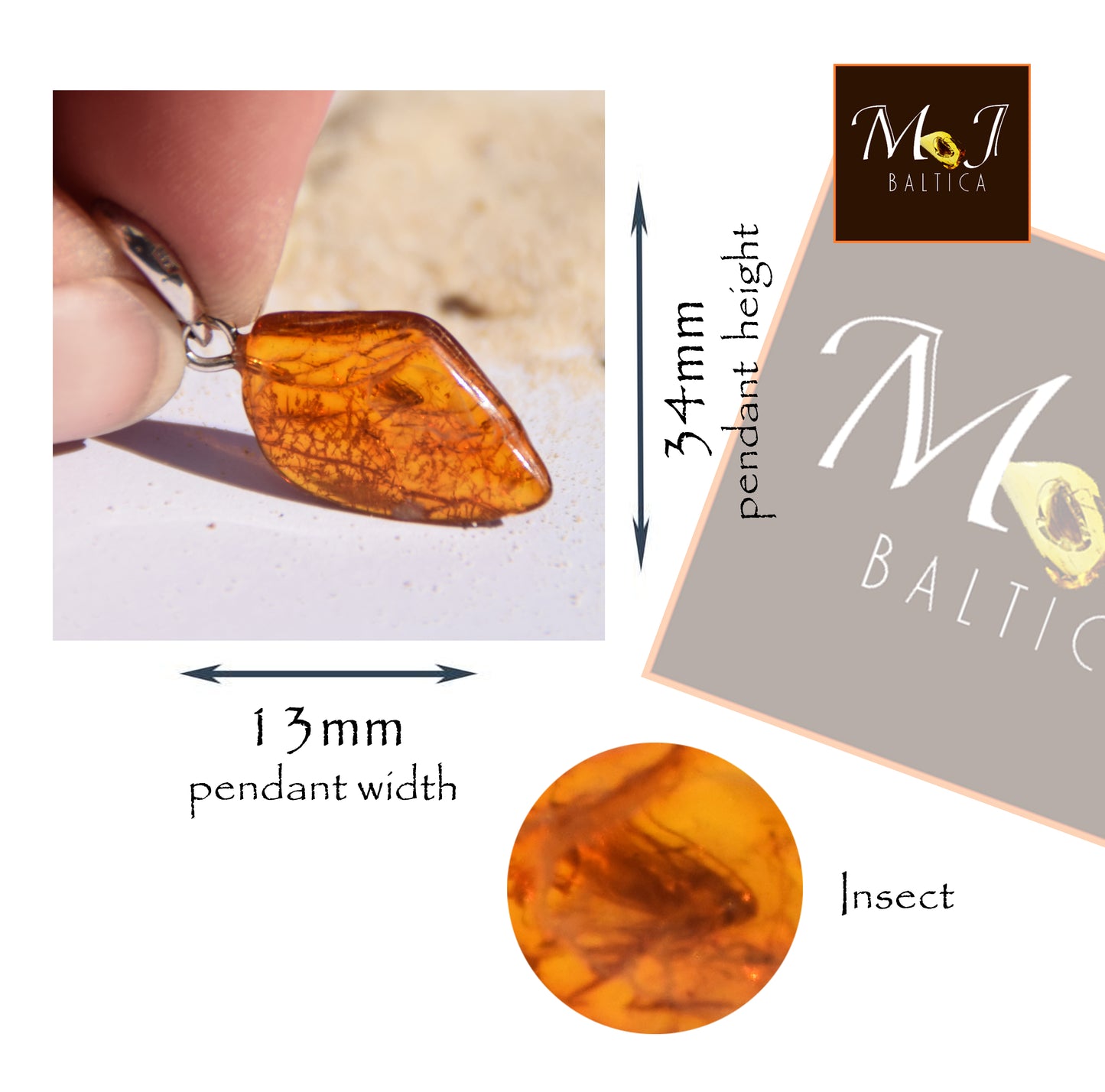 Ciondolo con la gemma di Ambra baltica Naturale con le inclusioni fossili da collezione, MJ Baltica, BW353