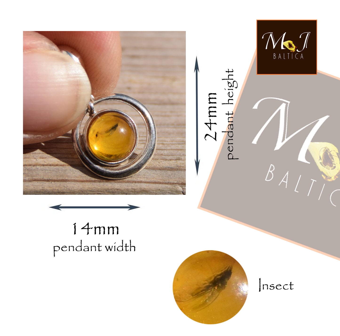 Ciondolo con la gemma di Ambra baltica Naturale con le inclusioni fossili da collezione, MJ Baltica, BW354