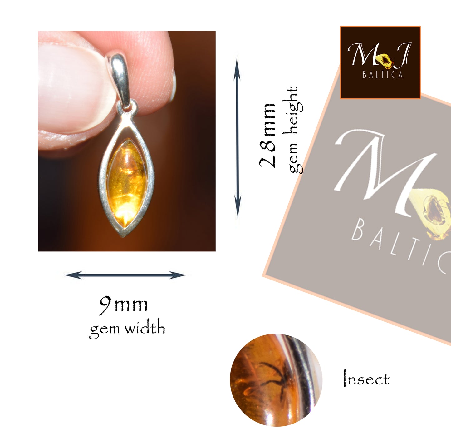 Ciondolo con la gemma di Ambra baltica Naturale con le inclusioni fossili da collezione, MJ Baltica, BW358