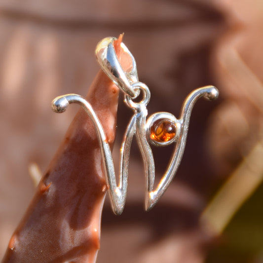 MJ Baltica, pendant, natural Baltic amber, 925 silver, W, letter, initial, cursive, BWLW