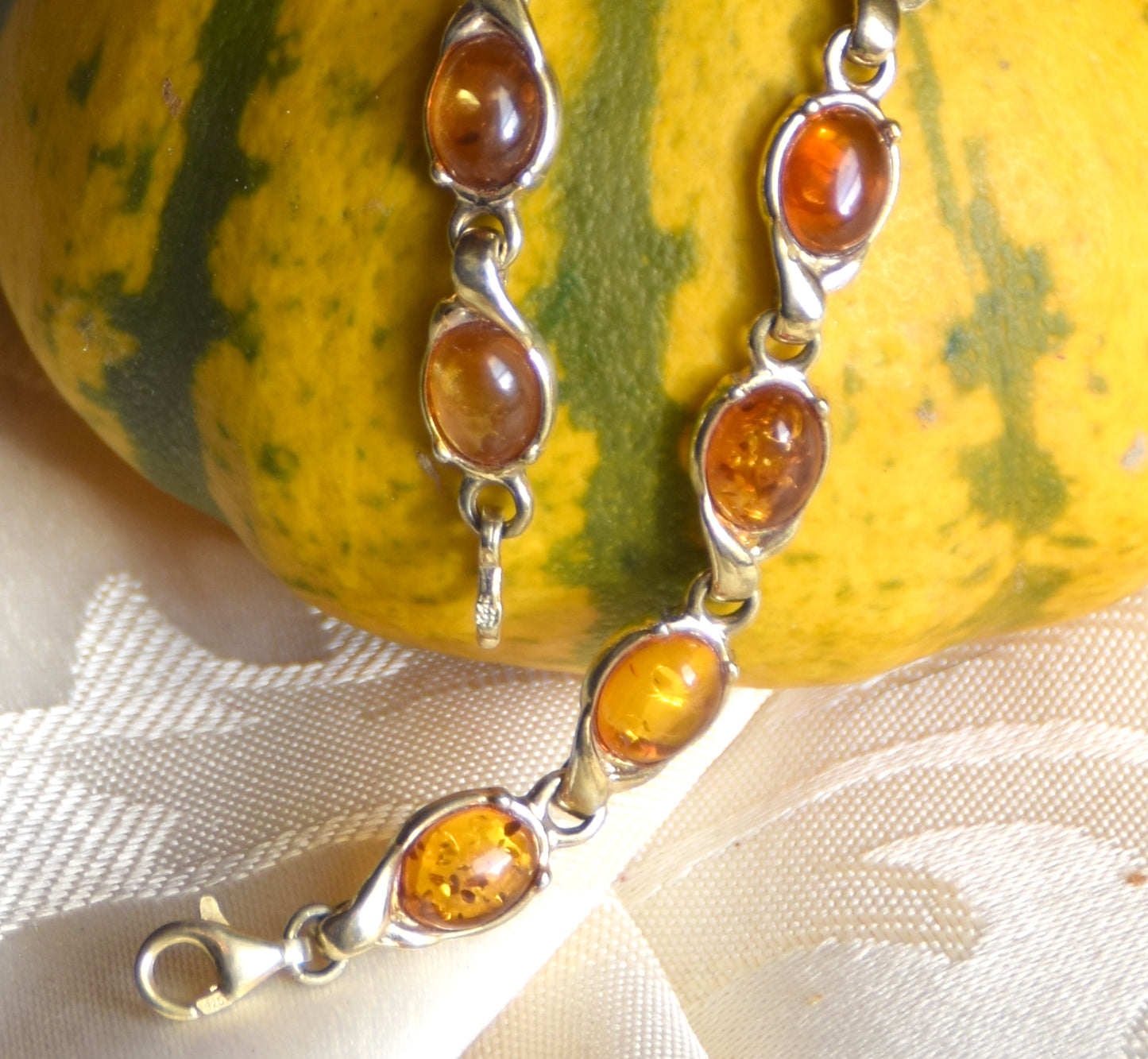 Elegant chain bracelet with natural cognac amber and 18k gold-plated 925 Sterling Silver, MJ Baltica, BZB009