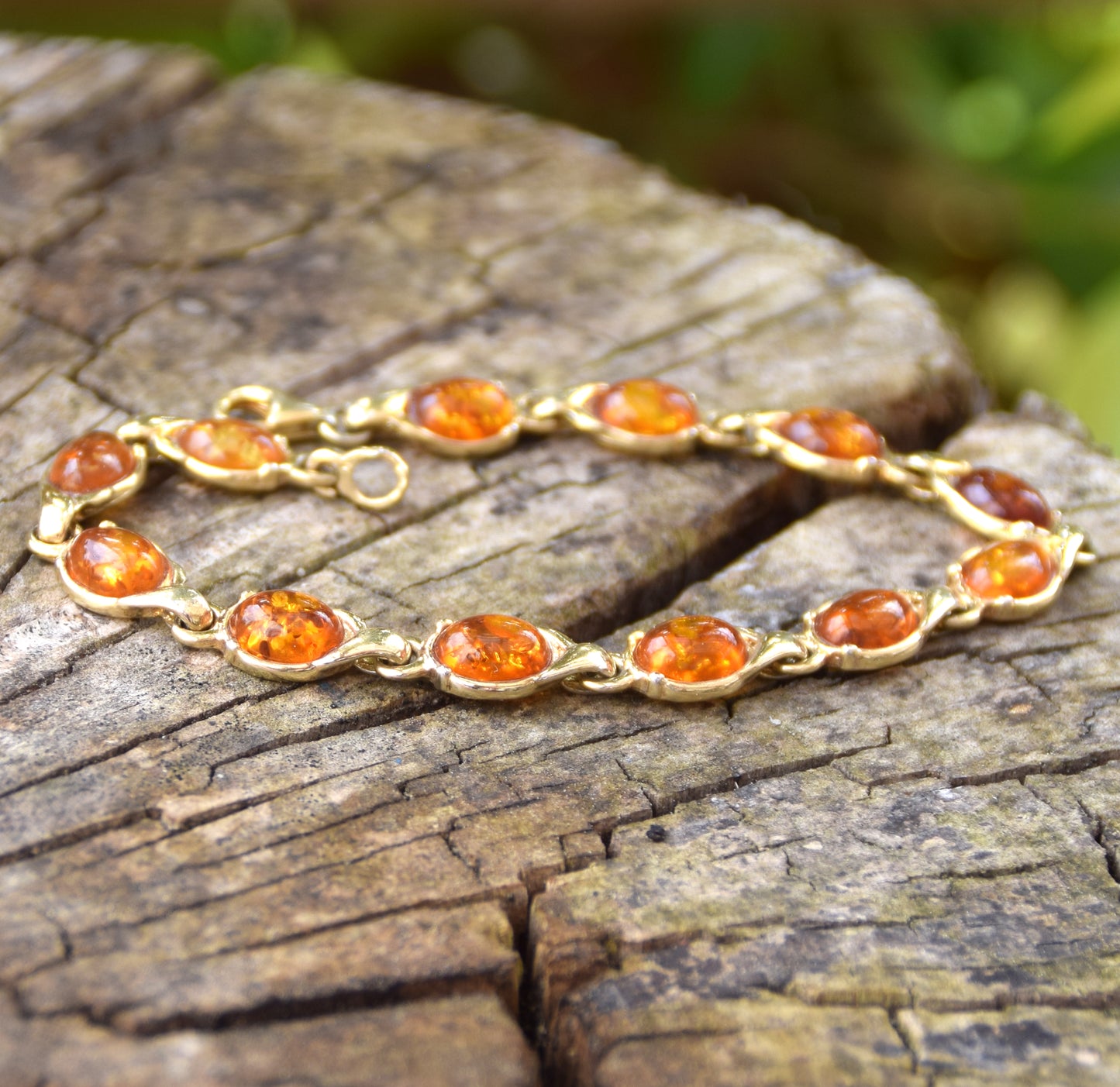 Elegant chain bracelet with natural cognac amber and 18k gold-plated 925 Sterling Silver, MJ Baltica, BZB009