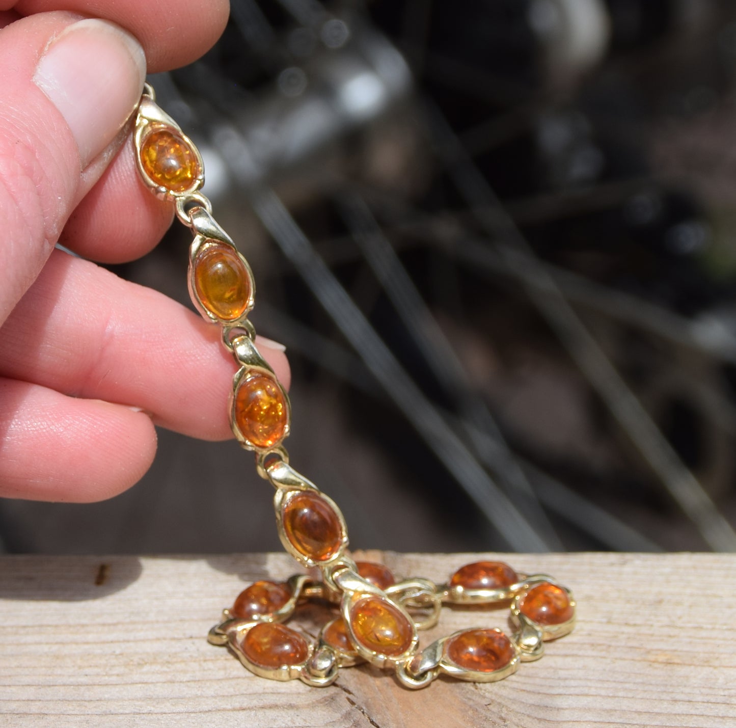 Elegant chain bracelet with natural cognac amber and 18k gold-plated 925 Sterling Silver, MJ Baltica, BZB009