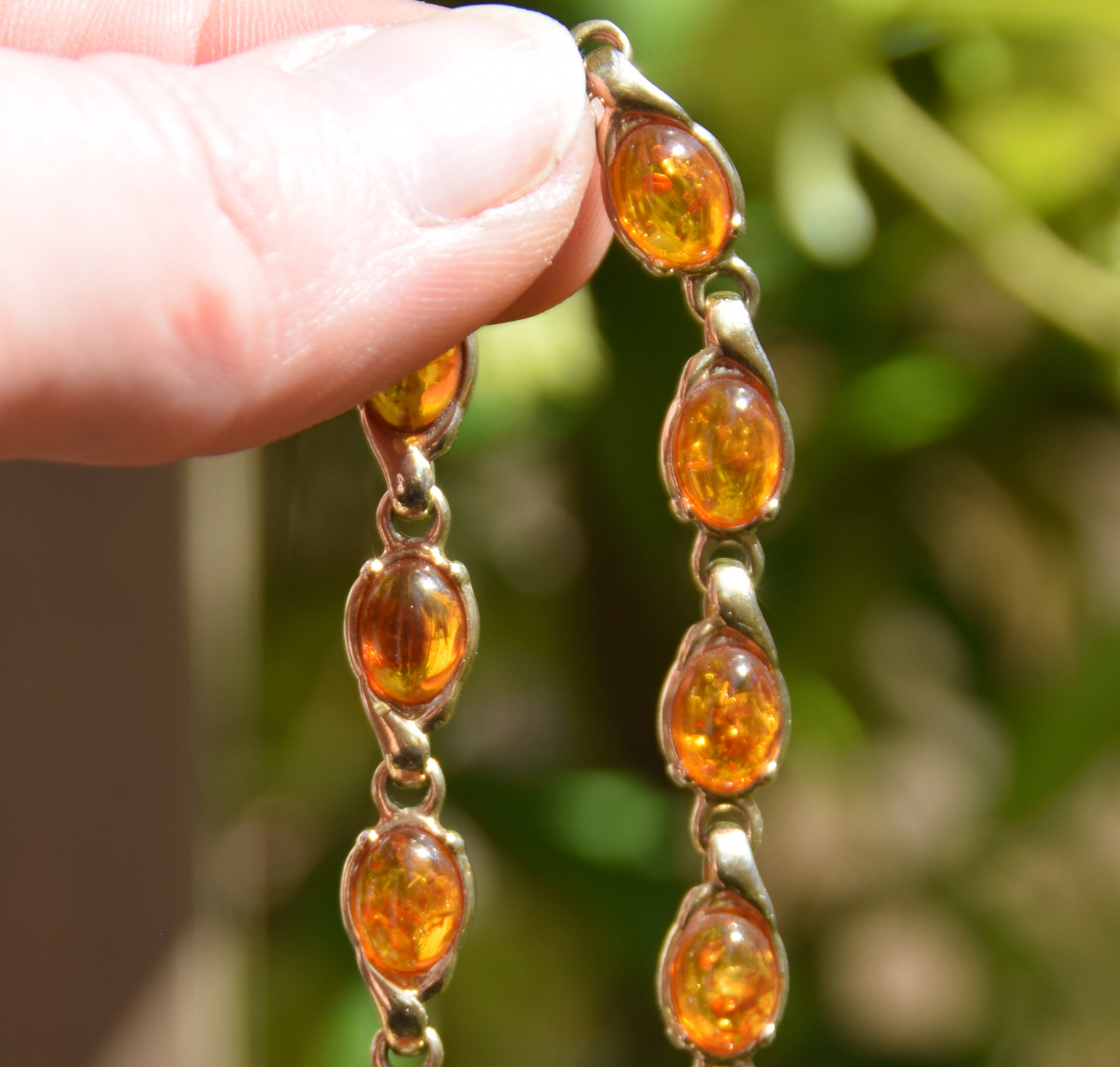 Elegant chain bracelet with natural cognac amber and 18k gold-plated 925 Sterling Silver, MJ Baltica, BZB009