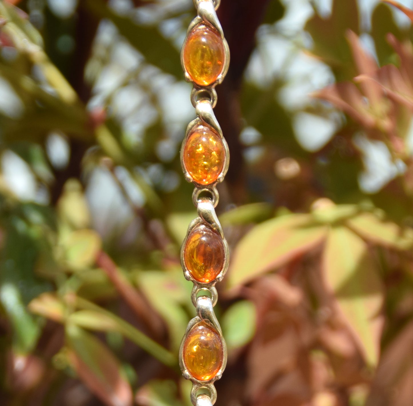 Elegant chain bracelet with natural cognac amber and 18k gold-plated 925 Sterling Silver, MJ Baltica, BZB009