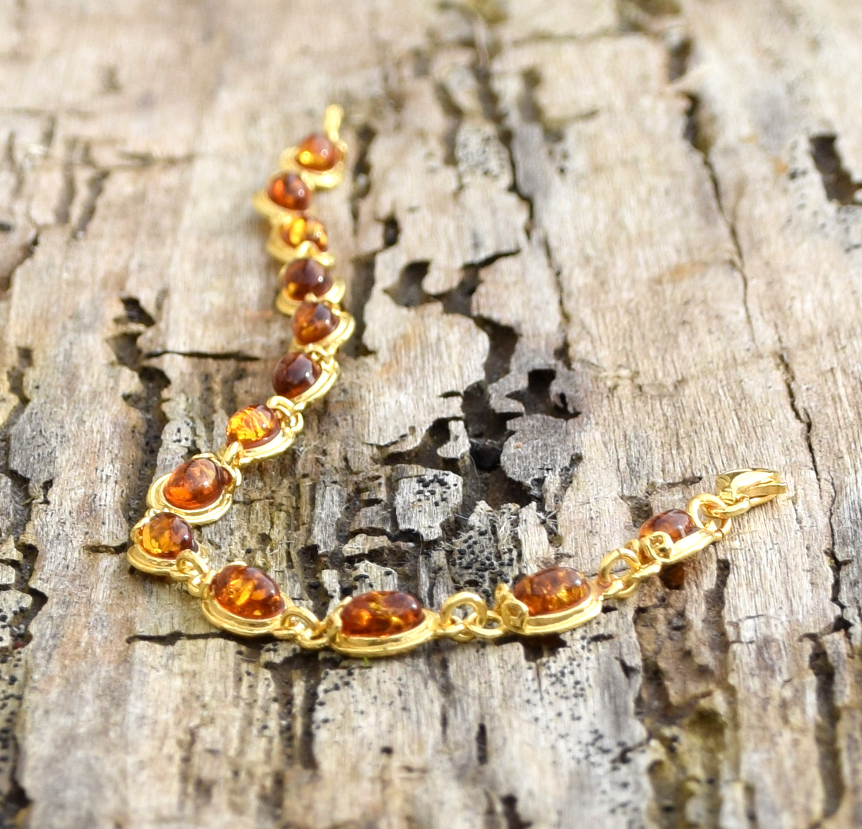 Elegant vintage-style bracelet with natural cognac Amber and 14k Gold-plated 925 Sterling Silver, MJ Baltica, BZB022