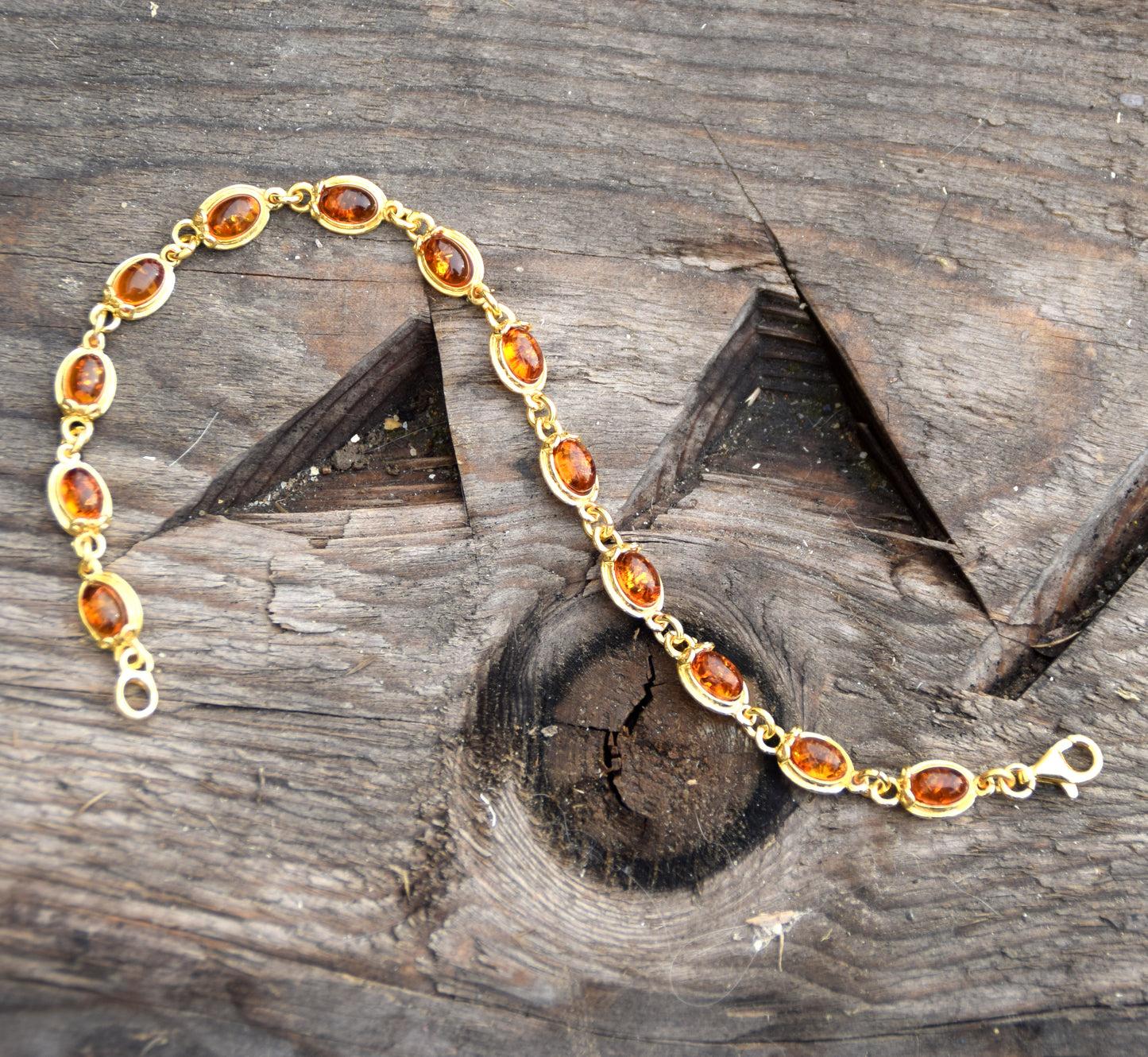 Elegant vintage-style bracelet with natural cognac Amber and 14k Gold-plated 925 Sterling Silver, MJ Baltica, BZB022