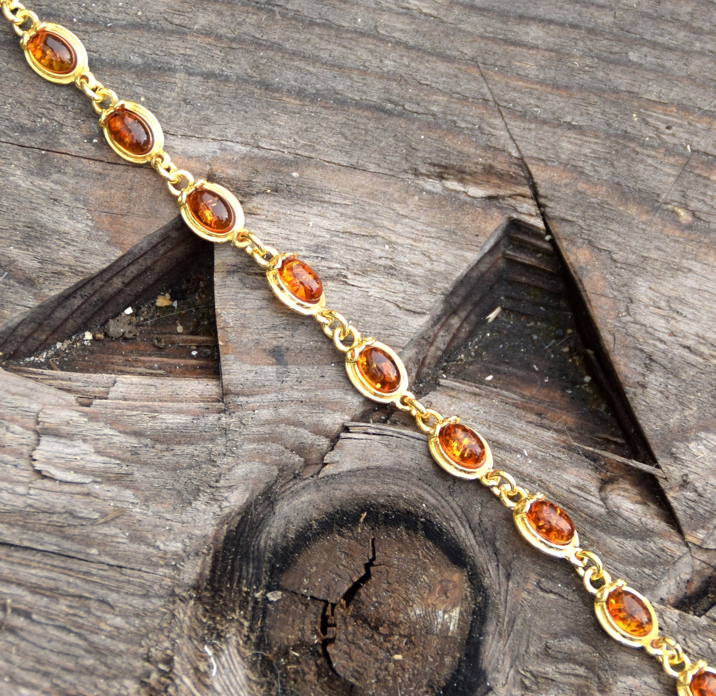 Elegant vintage-style bracelet with natural cognac Amber and 14k Gold-plated 925 Sterling Silver, MJ Baltica, BZB022