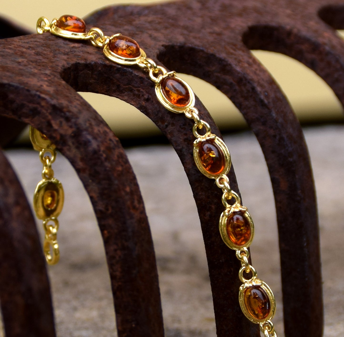 Elegant vintage-style bracelet with natural cognac Amber and 14k Gold-plated 925 Sterling Silver, MJ Baltica, BZB022