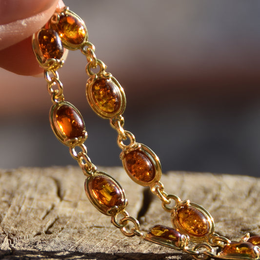Elegant vintage-style bracelet with natural cognac Amber and 14k Gold-plated 925 Sterling Silver, MJ Baltica, BZB022