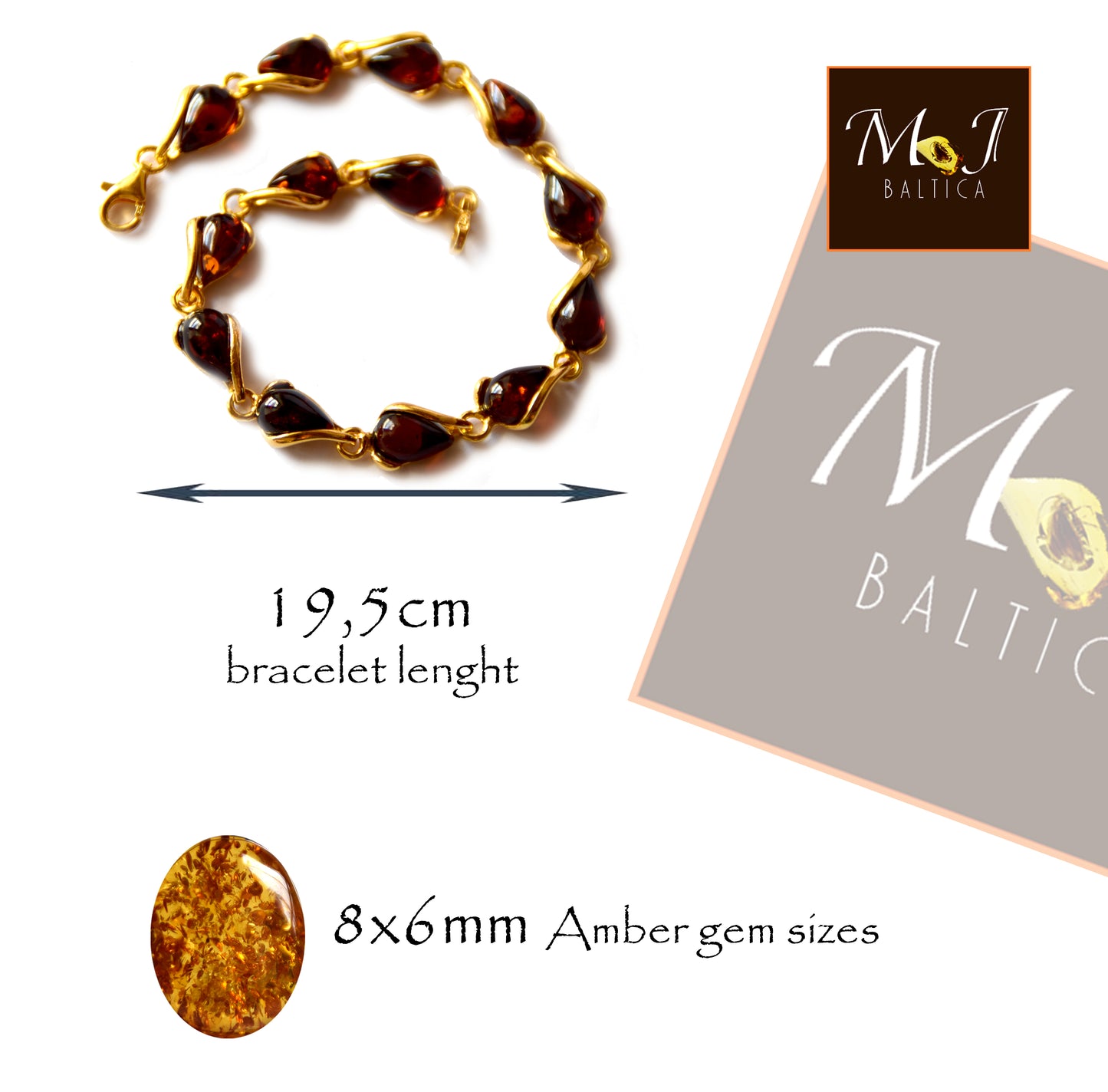 MJ Baltica, bracciale, Ambra naturale Baltica, Argento 925, placcato in Oro 14k, intenso, elegante, goccia, BZB024