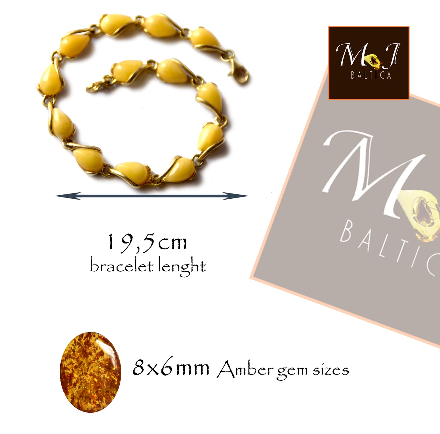 MJ Baltica, bracciale, Ambra naturale Baltica, Ambra Imperiale argento 925, placcato in Oro 14k, elegante, grande, beige, panna, BZB025