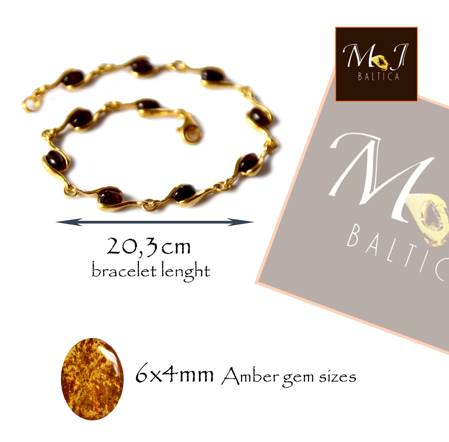 MJ Baltica, bracelet, natural Baltic amber, Silver, 14k Gold plated, dark amber, black cherry, BZB028