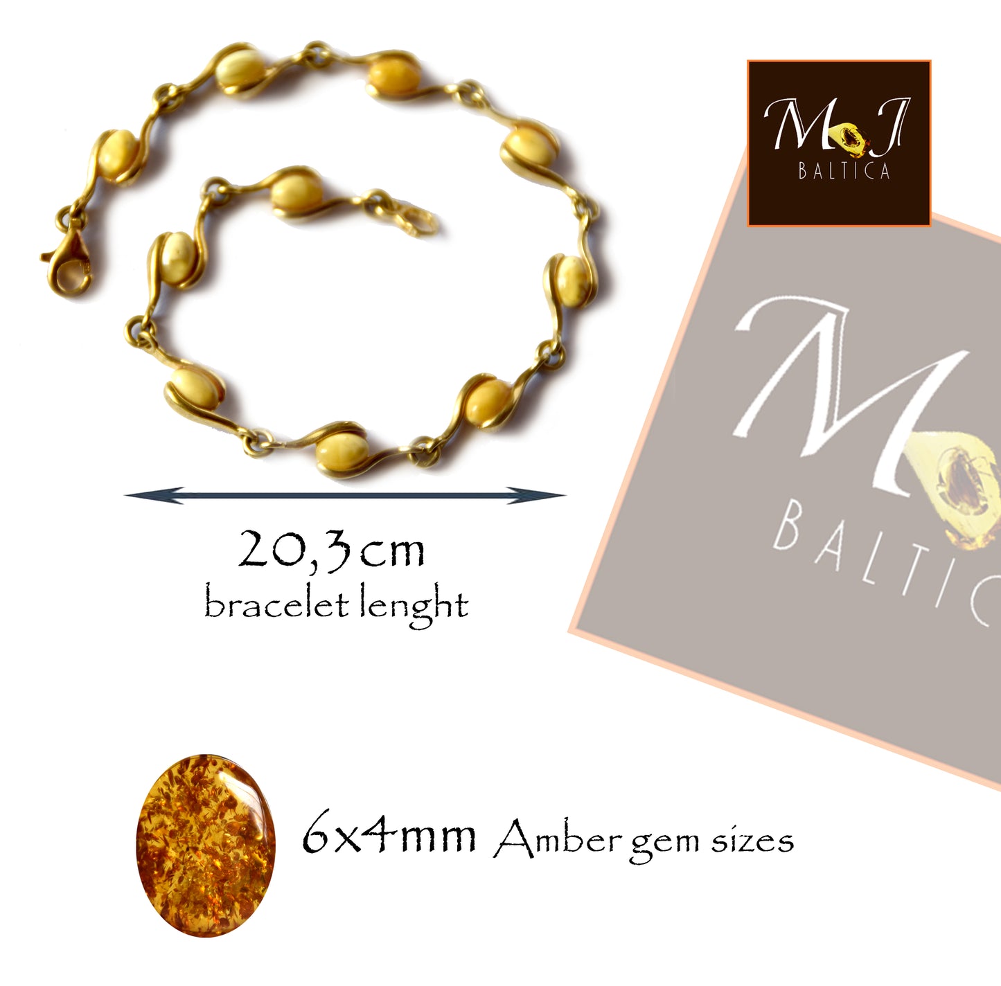 MJ Baltica, bracelet, natural Baltic Amber, Imperial Amber 925 silver, 14k Gold plated, elegant, handcrafted, beige, cream, BZB029