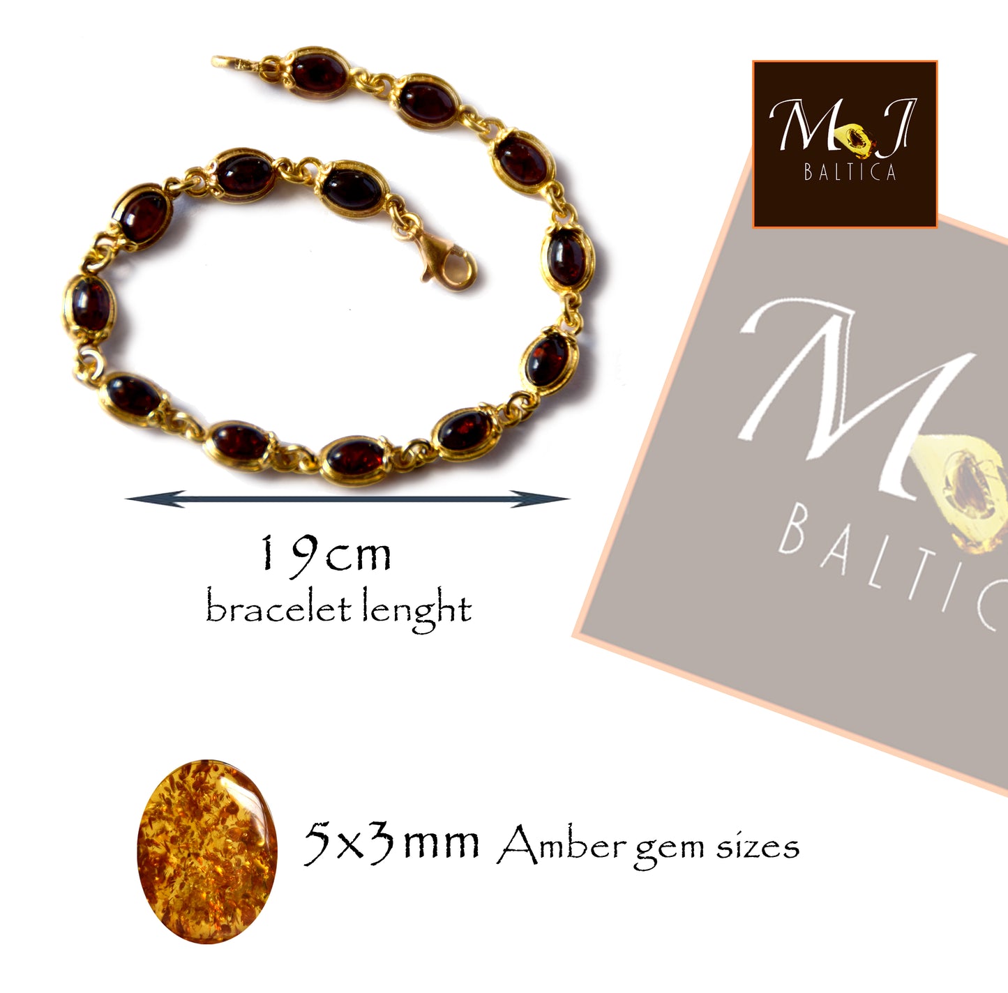 MJ Baltica, bracciale, Ambra naturale Baltica, Argento 925, placcato in Oro 14k, elegante, semplice, unisex, BZB031