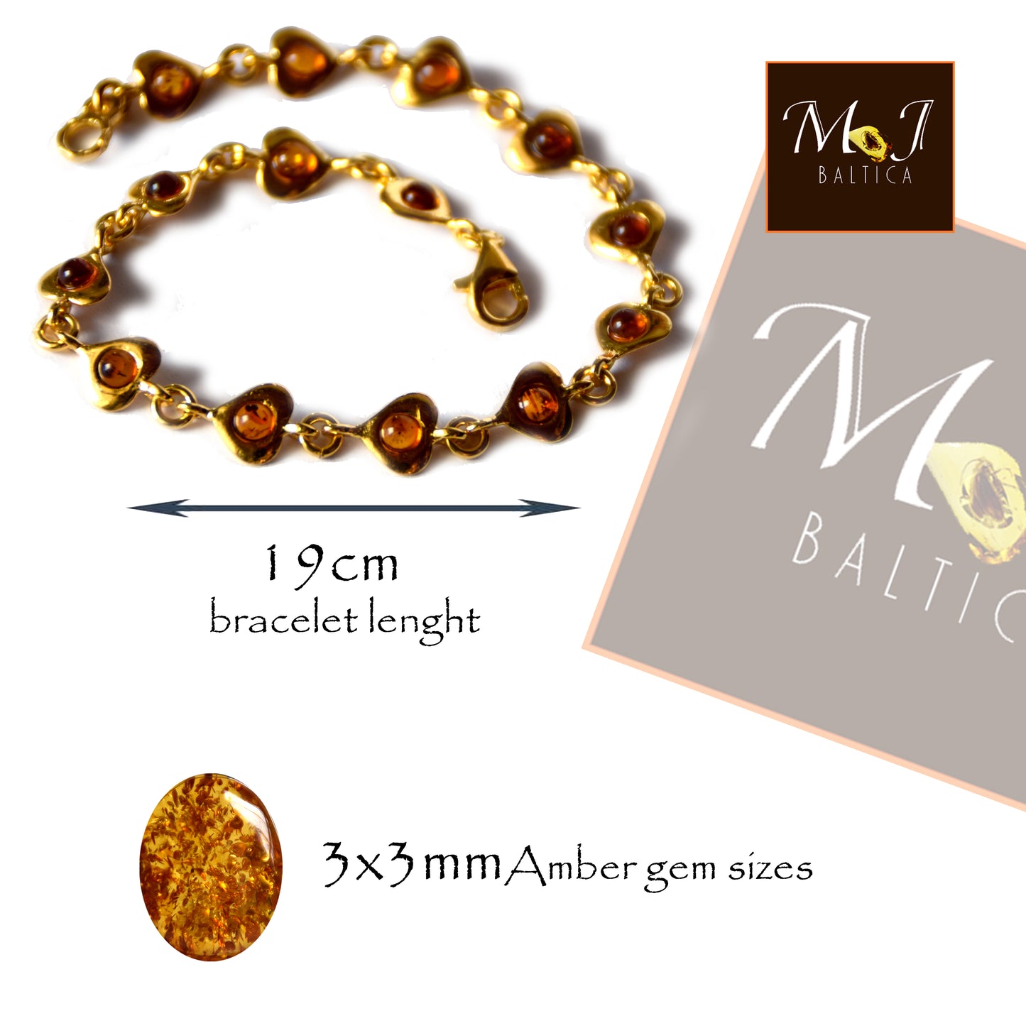 MJ Baltica, bracelet, natural Baltic Amber, 925 Silver, 14k Gold plated, elegant, luminous, hearts, refined, BZB033