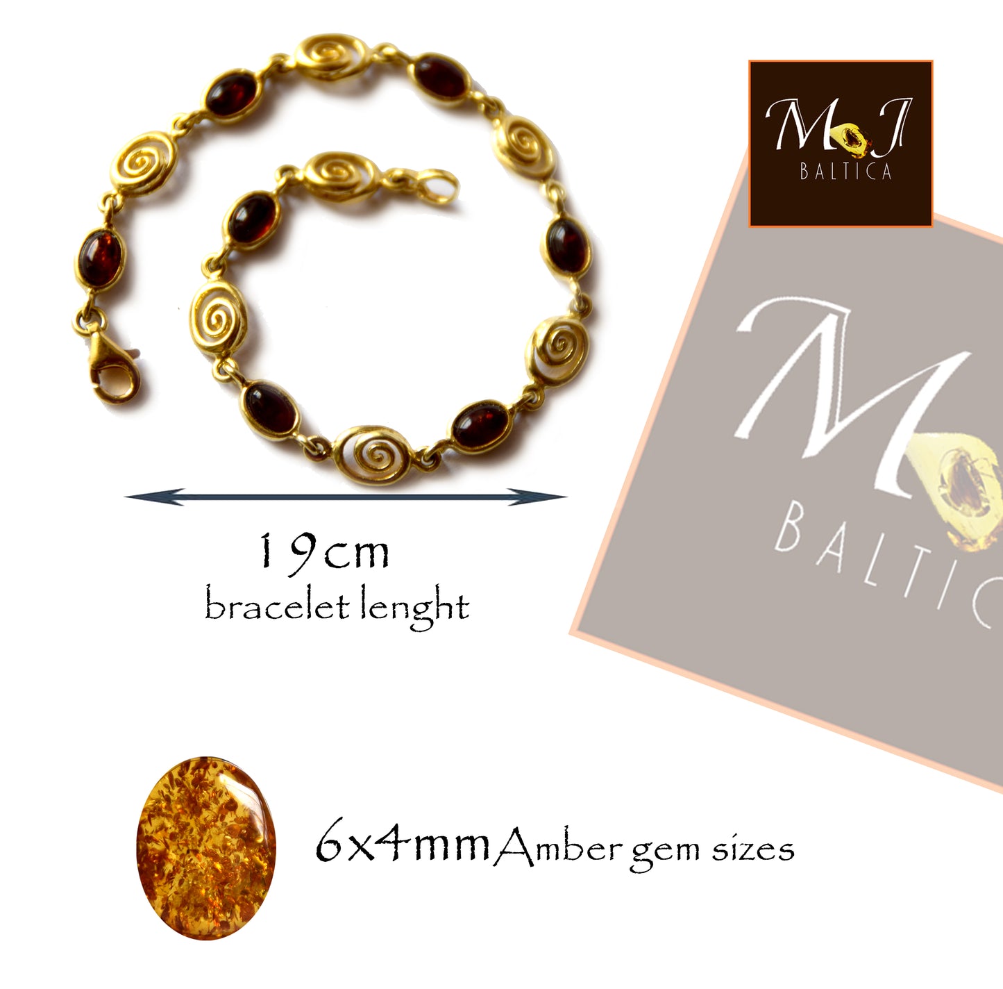 MJ Baltica, bracciale, Ambra naturale Baltica, Argento 925, placcato in Oro 14k, elegante, semplice, unisex, spirale, BZB034