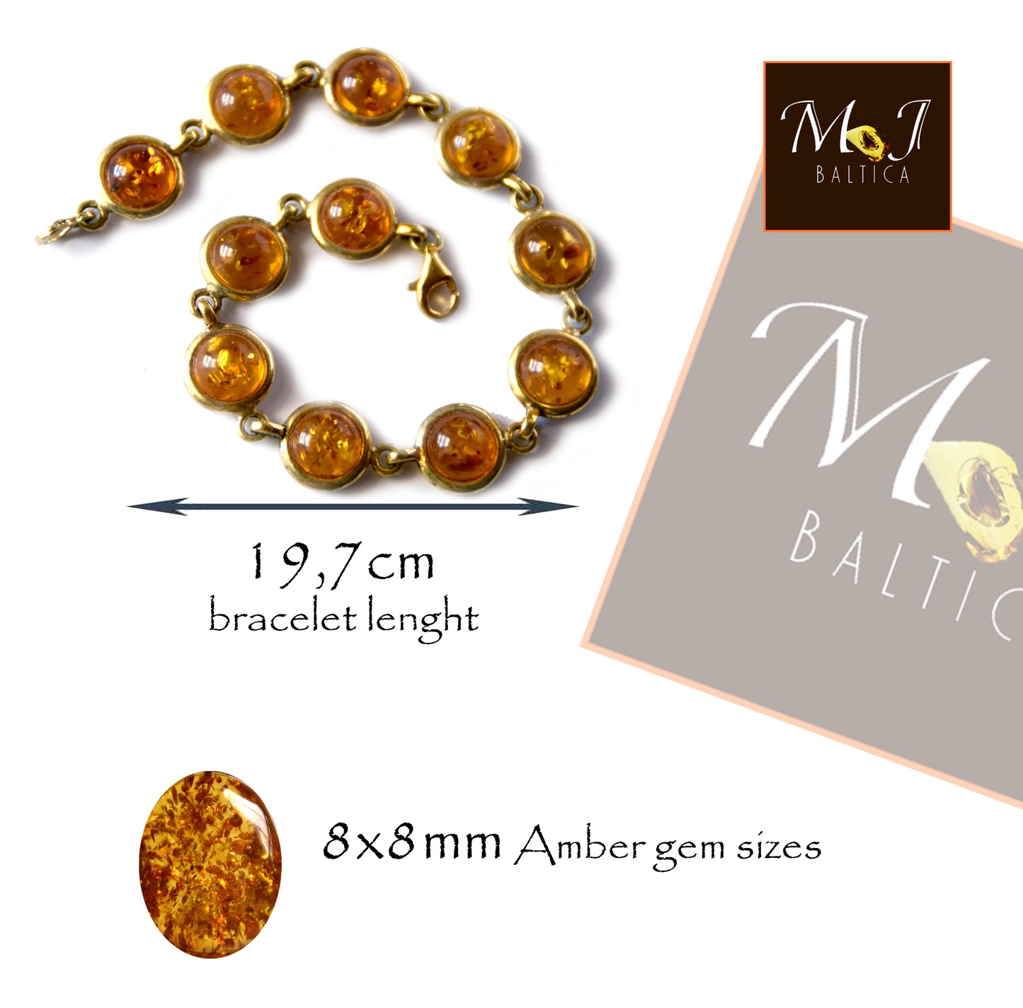 MJ Baltica, bracelet, natural Baltic Amber, 925 Silver, 14k Gold plated, elegant, bright, large, refined, BZB037