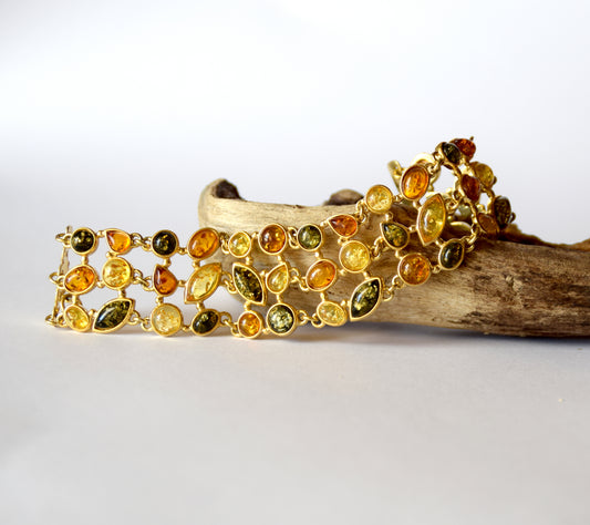Important mosaic-style bracelet created with natural Amber of various shades and 18k Gold-plated Silver, MJ Baltica, BZB038