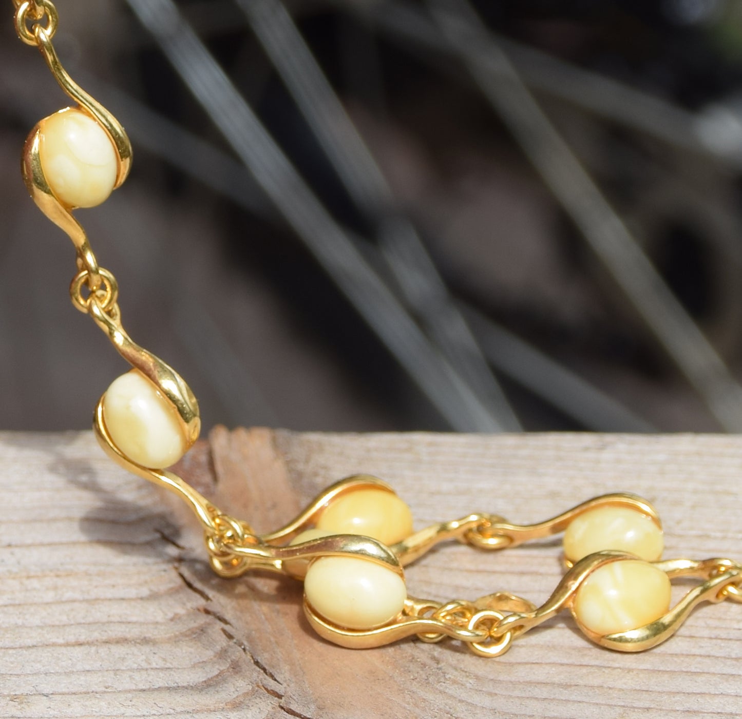 Linear bracelet with oval Imperial natural Amber gemstones and 18k gold-plated 925 silver, MJ Baltica, BZB040