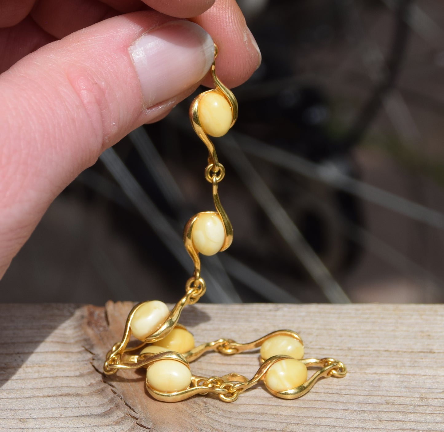 Linear bracelet with oval Imperial natural Amber gemstones and 18k gold-plated 925 silver, MJ Baltica, BZB040
