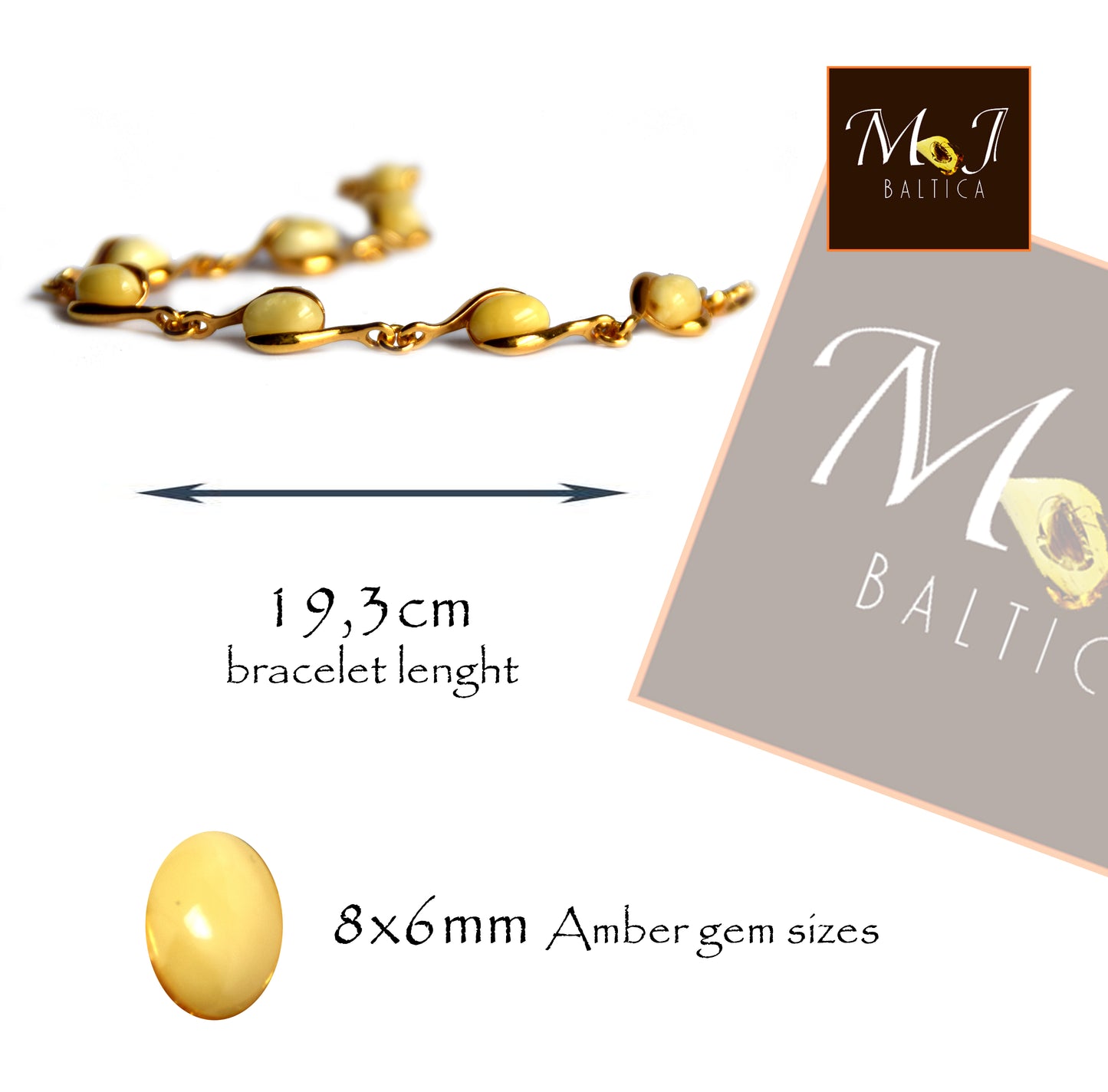 MJ Baltica, Armband, natürlicher baltischer Bernstein, Imperial Amber 925 Silber, 14k vergoldet, elegant, groß, beige, creme, BZB040