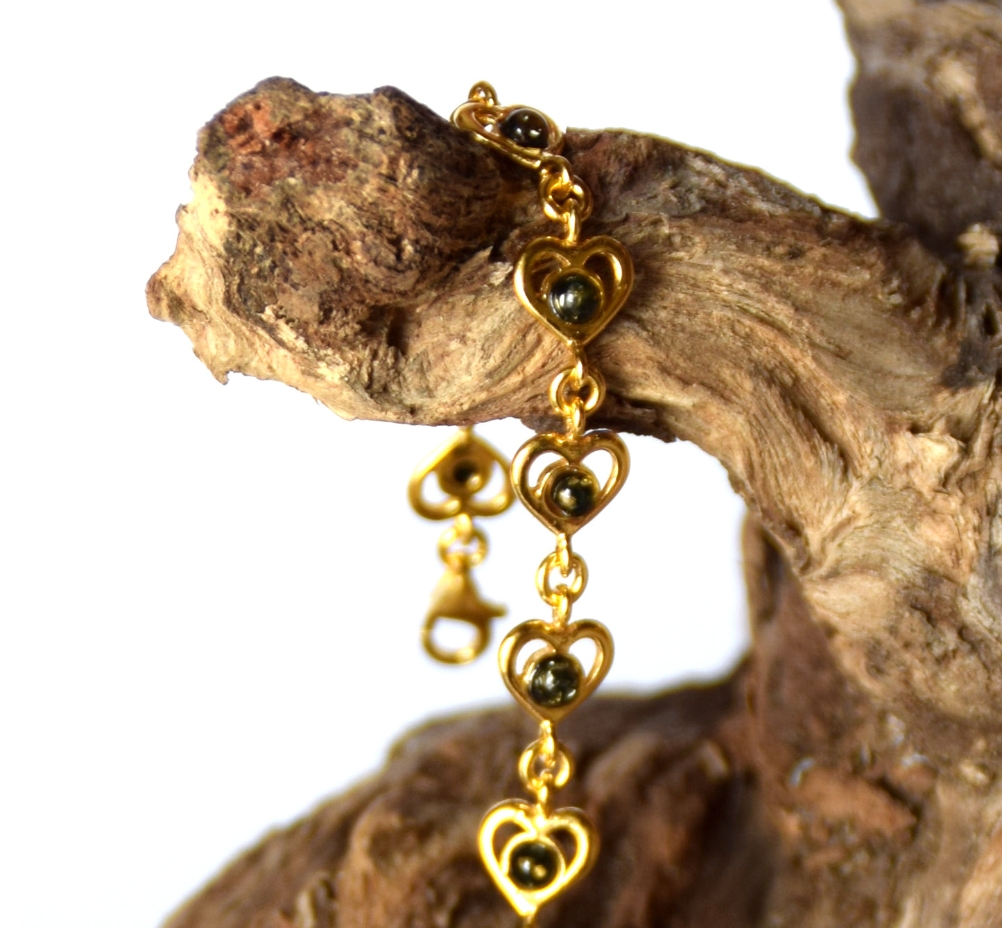 MJ Baltica, bracelet, natural Baltic Amber, 925 Silver, 14k Gold plated, green, hearts, BZB043