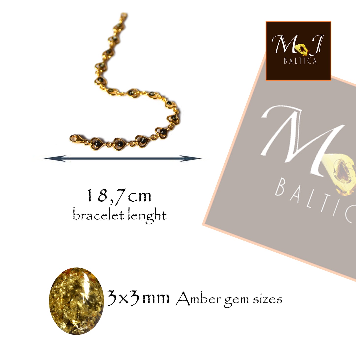 MJ Baltica, bracelet, natural Baltic Amber, 925 Silver, 14k Gold plated, green, hearts, BZB043