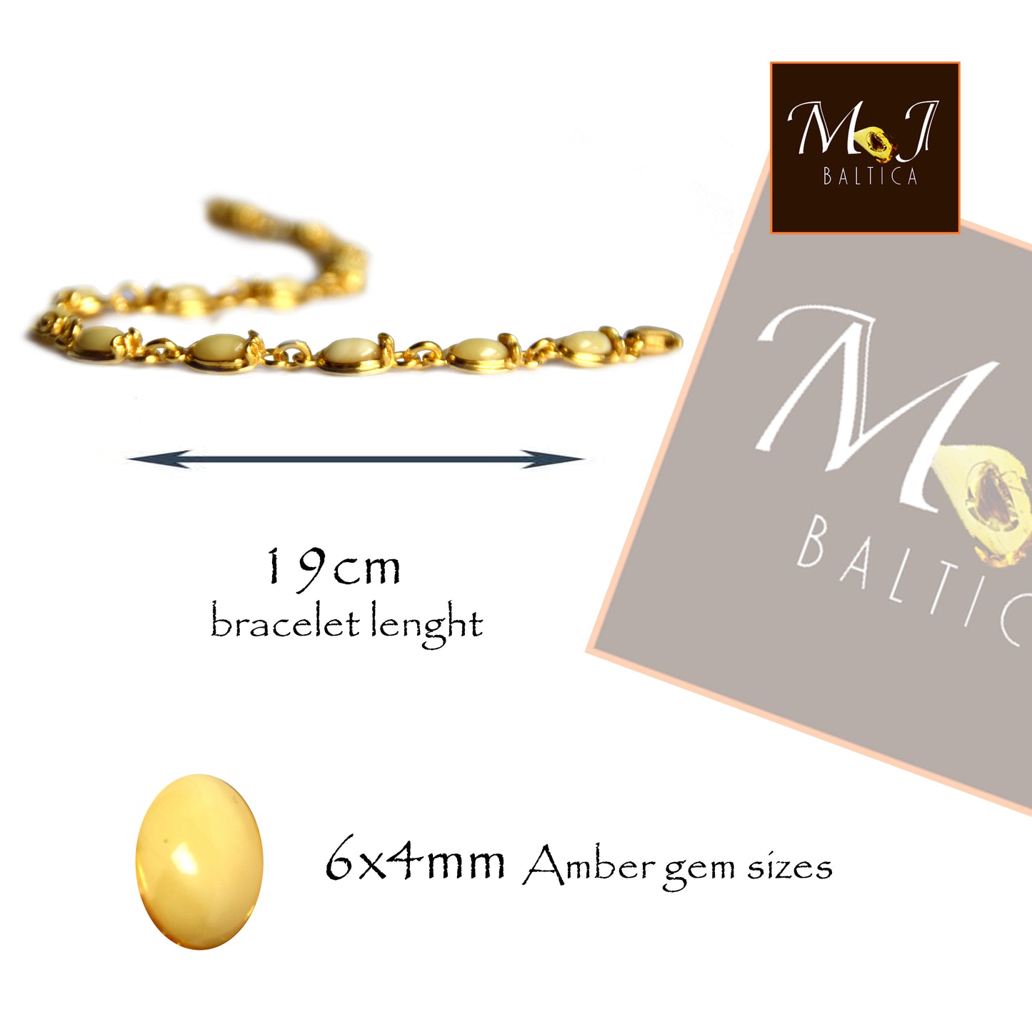 MJ Baltica, bracelet, natural Baltic Amber, Imperial Amber 925 silver, 14k Gold plated, elegant, vintage, beige, cream, BZB047