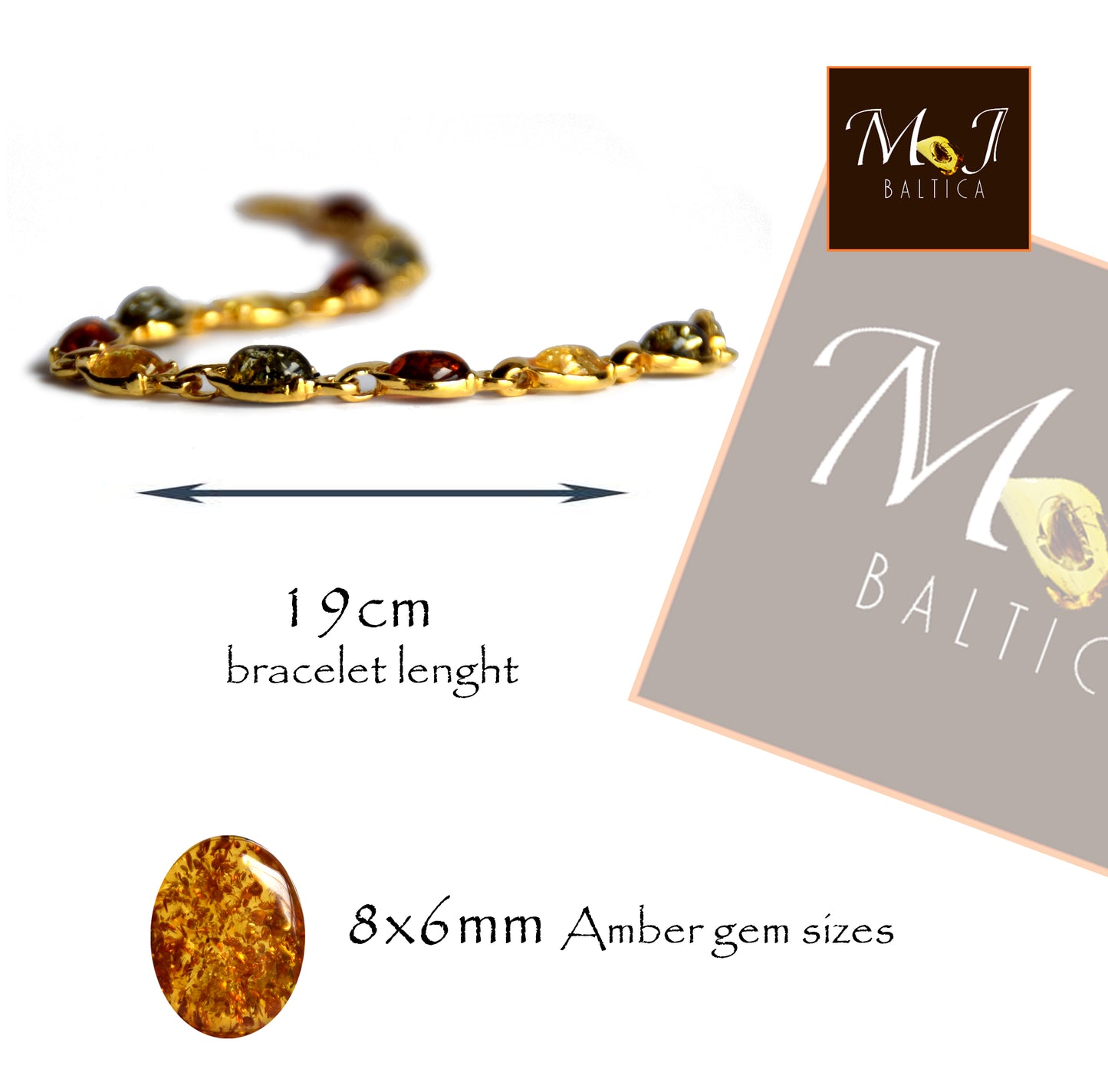 MJ Baltica, bracciale, Ambra naturale Baltica, Argento, placcato in Oro 14k, elegante, tonalità miste, grande, bellissimo, BZB048