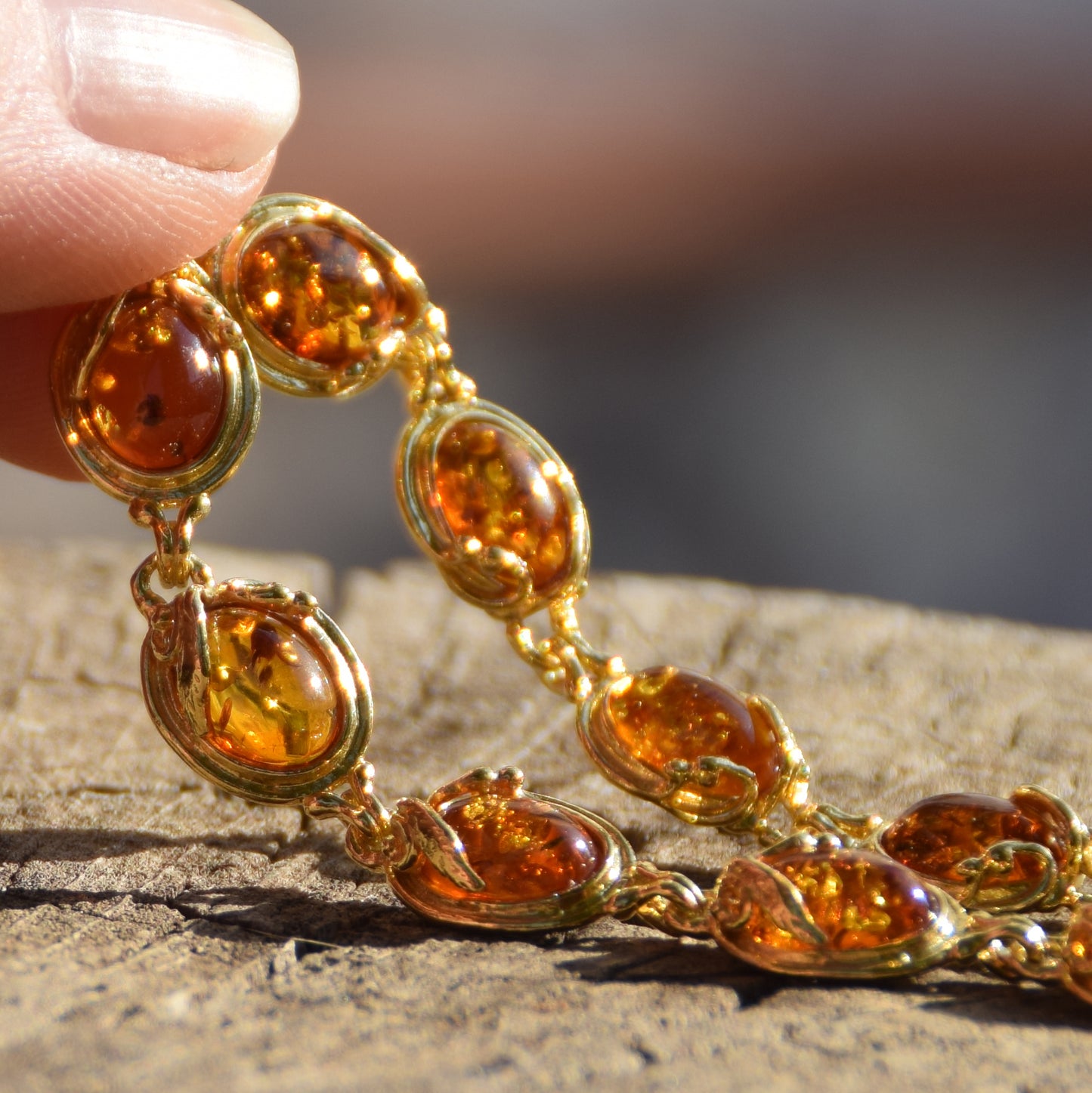 Elegant vintage style bracelet with natural cognac amber and 18k gold-plated 925 sterling silver, MJ Baltica, BZB051