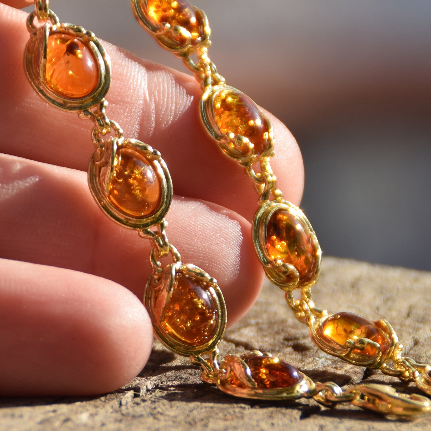 Elegant vintage style bracelet with natural cognac amber and 18k gold-plated 925 sterling silver, MJ Baltica, BZB051