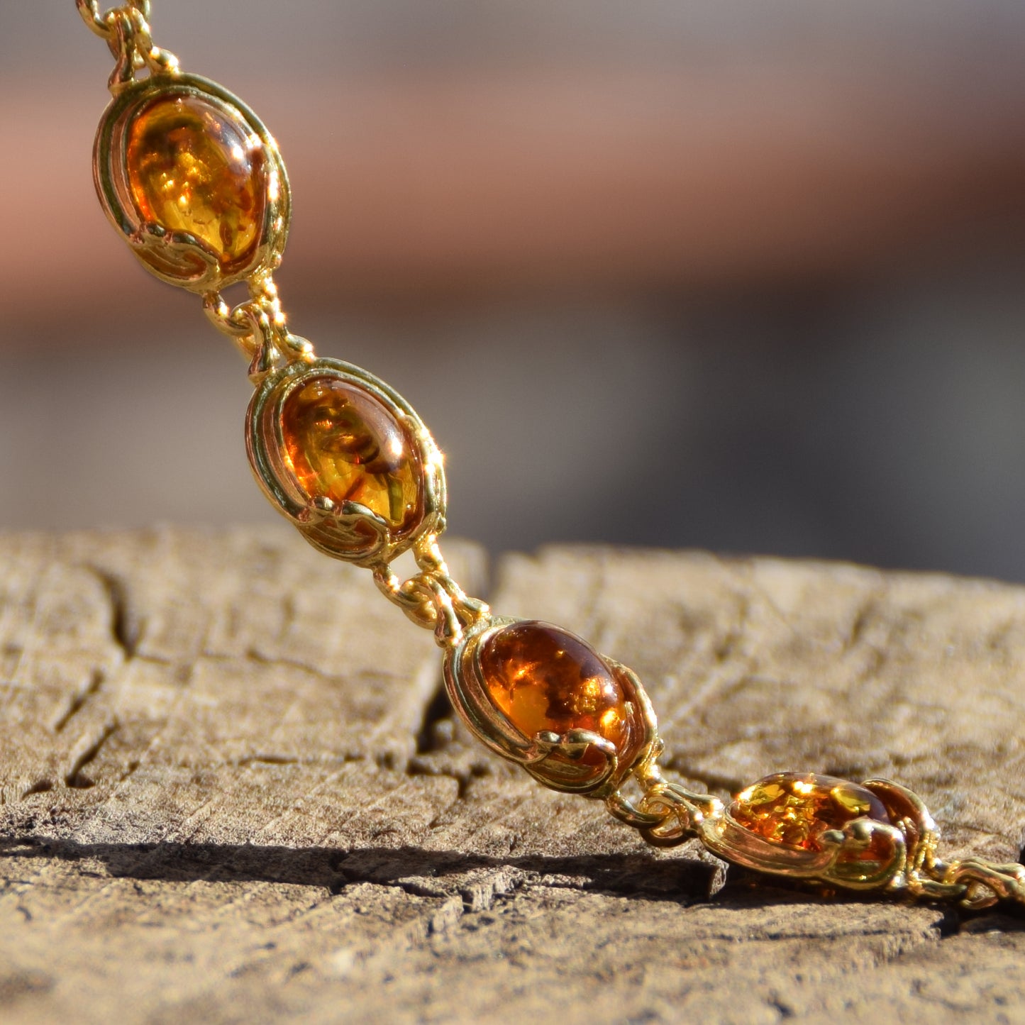 Elegant vintage style bracelet with natural cognac amber and 18k gold-plated 925 sterling silver, MJ Baltica, BZB051