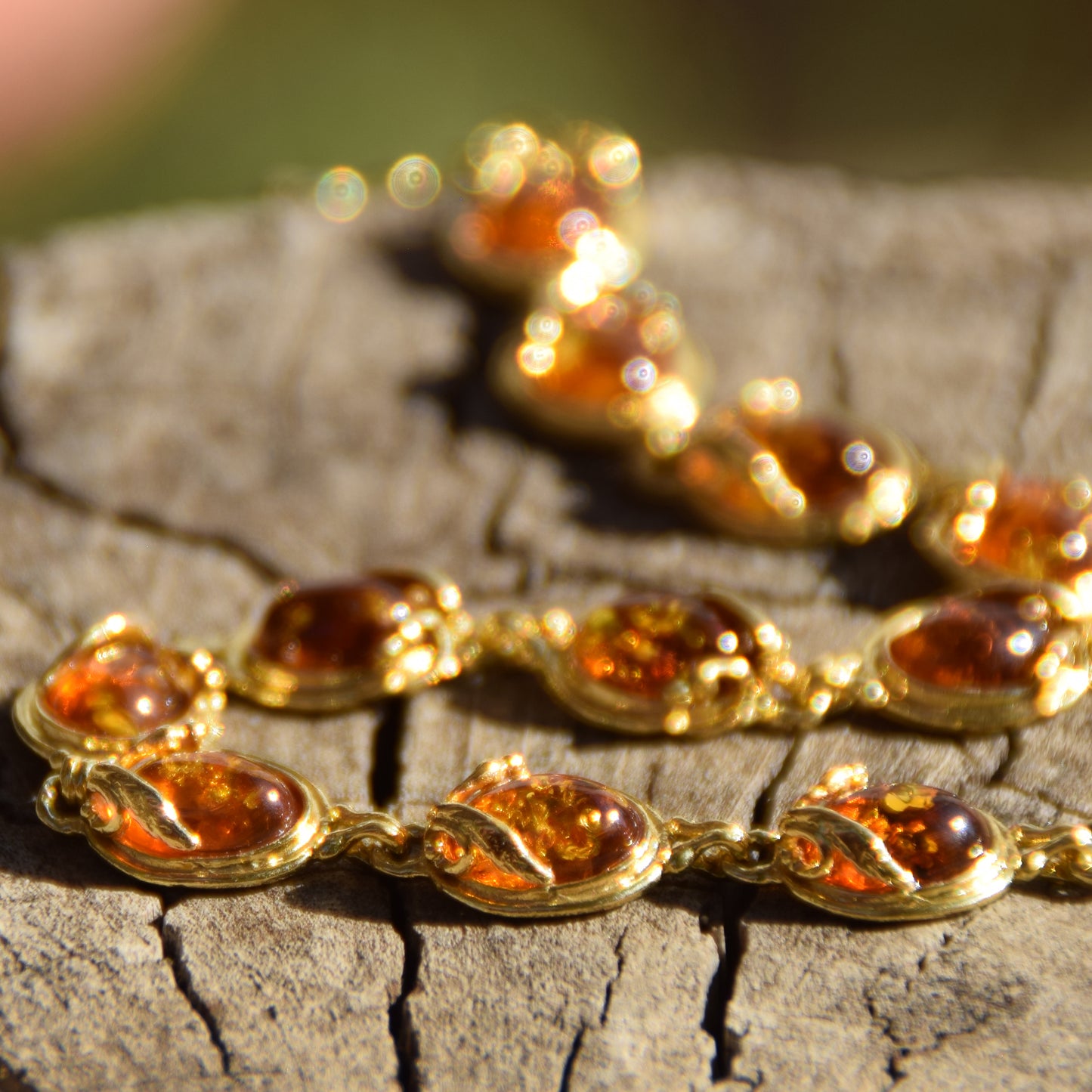 Elegant vintage style bracelet with natural cognac amber and 18k gold-plated 925 sterling silver, MJ Baltica, BZB051