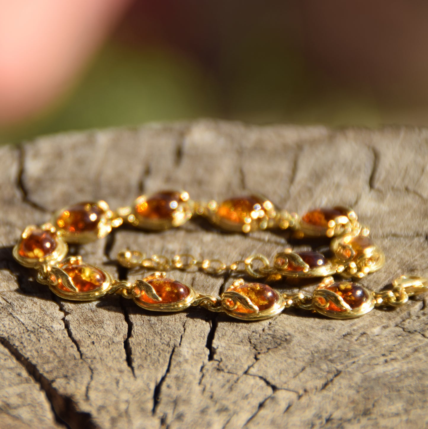 Elegant vintage style bracelet with natural cognac amber and 18k gold-plated 925 sterling silver, MJ Baltica, BZB051